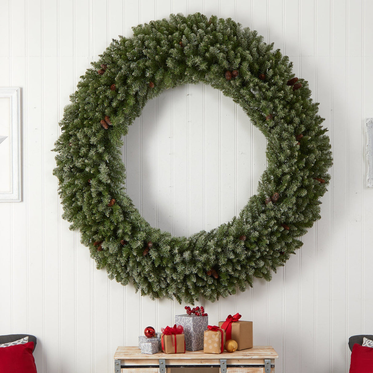 6’ Giant Flocked Christmas Wreath with Pinecones, 400 Clear LED Lights and 920 Bendable Branches-Wreath-Parc Decor