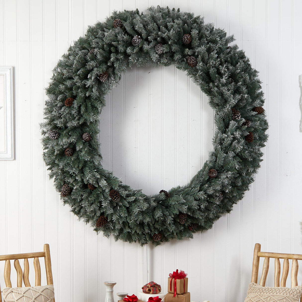 6’ Giant Flocked Christmas Wreath with Pinecones, 600 Clear LED Lights and 1000 Bendable Branches-Wreath-Parc Decor