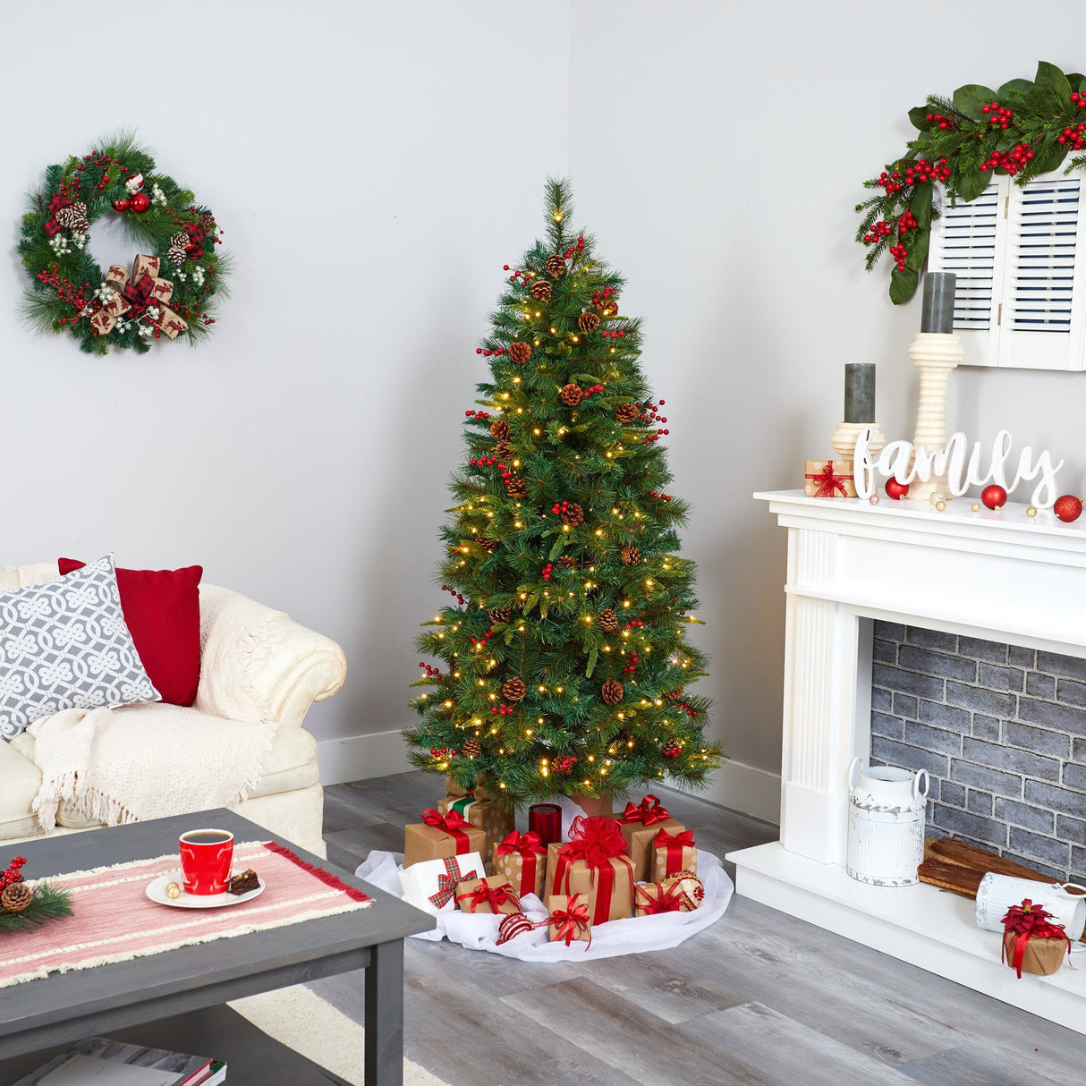 6’ Mixed Pine Artificial Christmas Tree with 250 Clear LED Lights, Pine Cones and Berries-Christmas Tree-Parc Decor