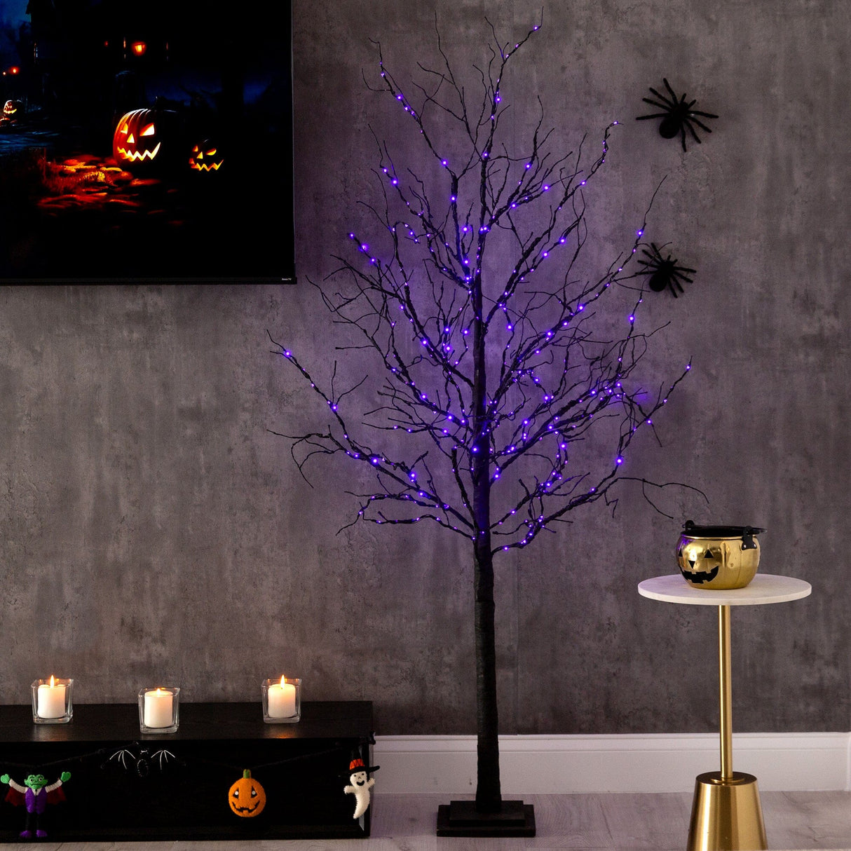 6’ Pre-Lit Halloween Deluxe Black Twig Artificial Tree with 156 Orange & Purple LED Lights-Tree-Parc Decor
