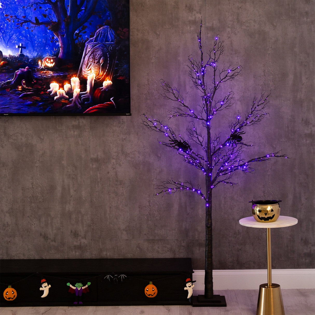 6’ Pre-Lit Halloween Minimalist Twig Artificial Fall Tree with 320 Orange & Purple LED Lights-Tree-Parc Decor