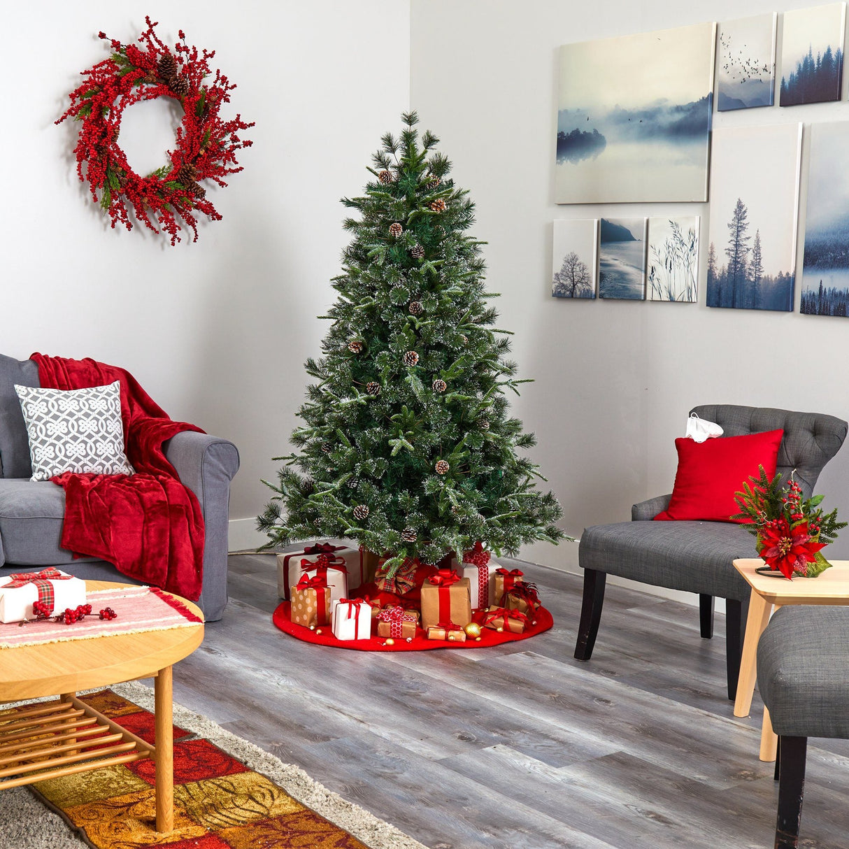 6’ Snowed Tipped Clermont Mixed Pine Artificial Christmas Tree with 250 Clear LED Lights, Pine Cones and 1242 Bendable Branches-Christmas Tree-Parc Decor