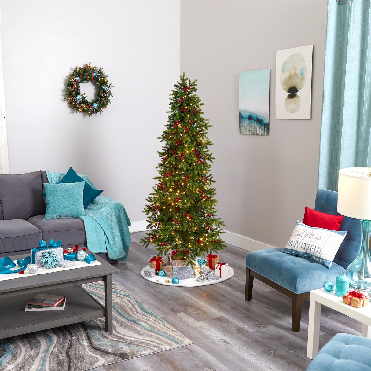 6' Victoria Fir Artificial Christmas Tree with 250 Multi-Color (Multifunction) LED Lights, Berries and 415 Bendable Branches-Christmas Tree-Parc Decor