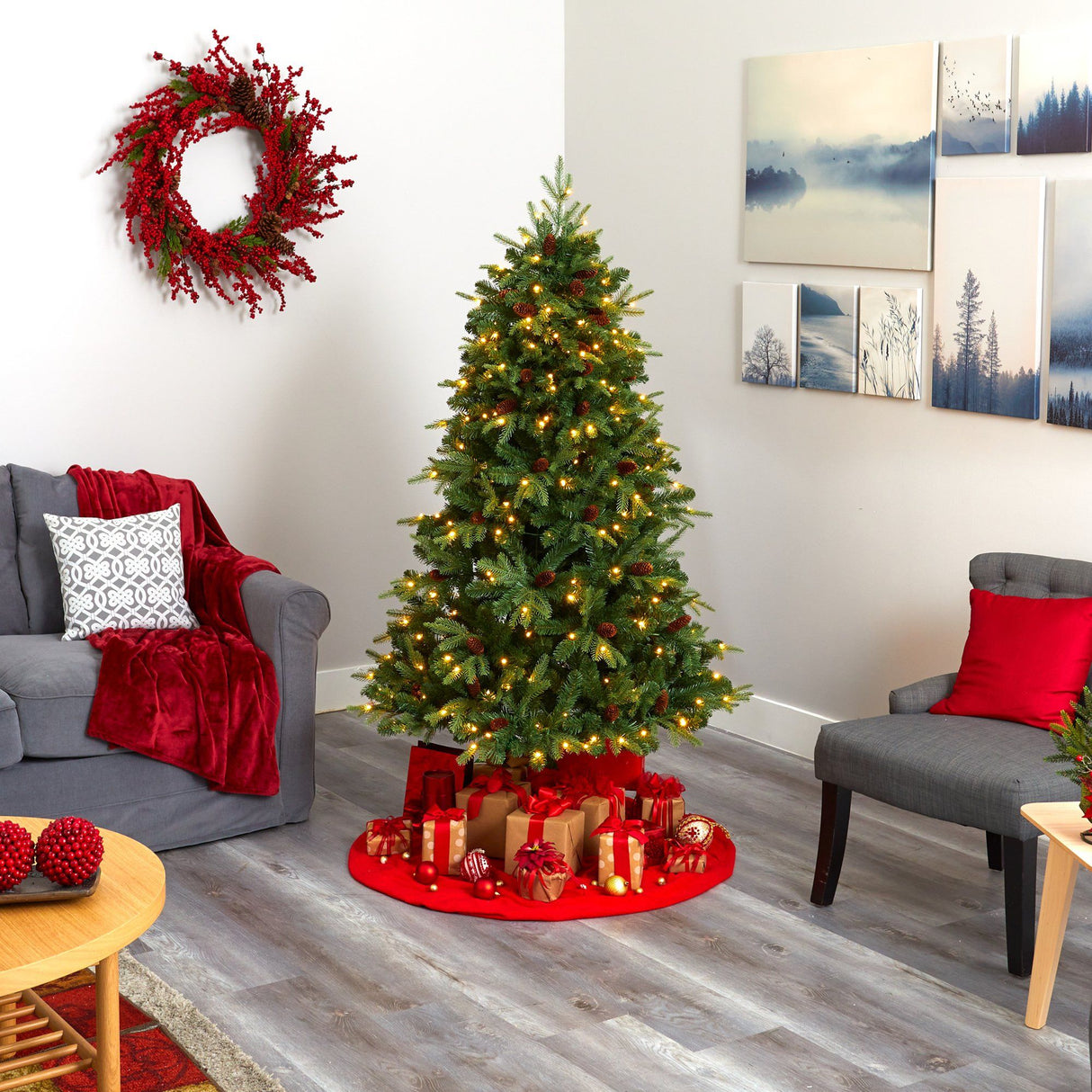 6’ Wellington Spruce “Natural Look” Artificial Christmas Tree with 300 Clear LED Lights and Pine Cones-Christmas Tree-Parc Decor