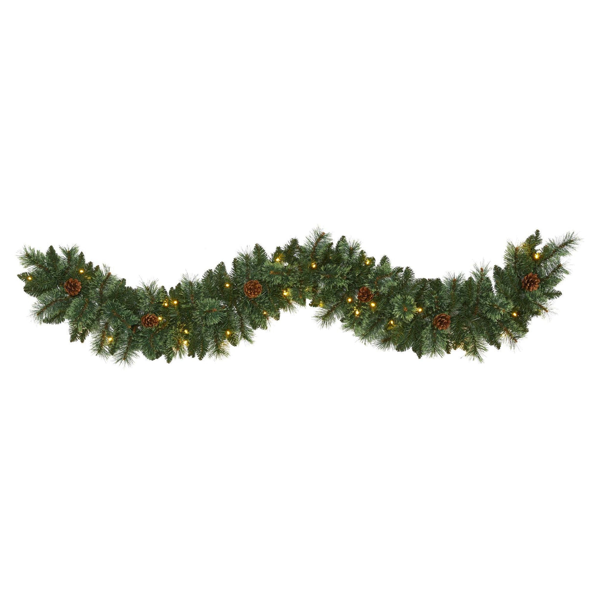 6’ White Mountain Pine Artificial Garland with 35 White Warm LED Lights and Pinecones-Garland-Parc Decor