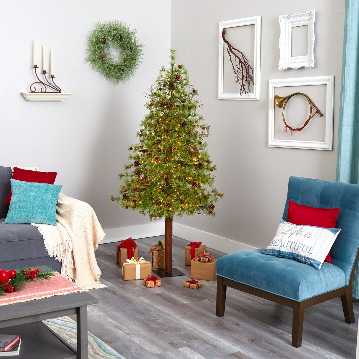 6' Wyoming Alpine Artificial Christmas Tree with 150 Clear (multifunction) LED Lights and Pine Cones on Natural Trunk-Christmas Tree-Parc Decor