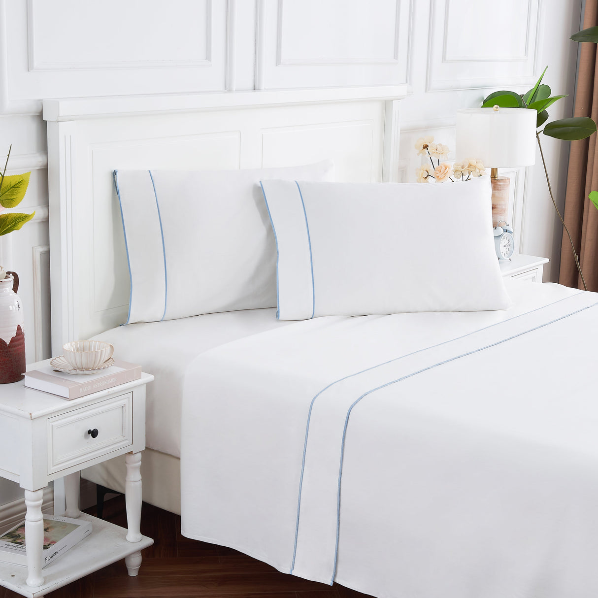 600 Thread Count Framed Sateen Embroidered Cotton Pillowcase Pair-Pillowcase-Parc Decor