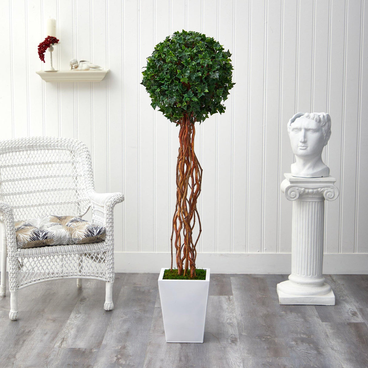 62” English Ivy Single Ball Artificial Topiary Tree in White Metal Planter (Indoor/Outdoor)-Parc Decor