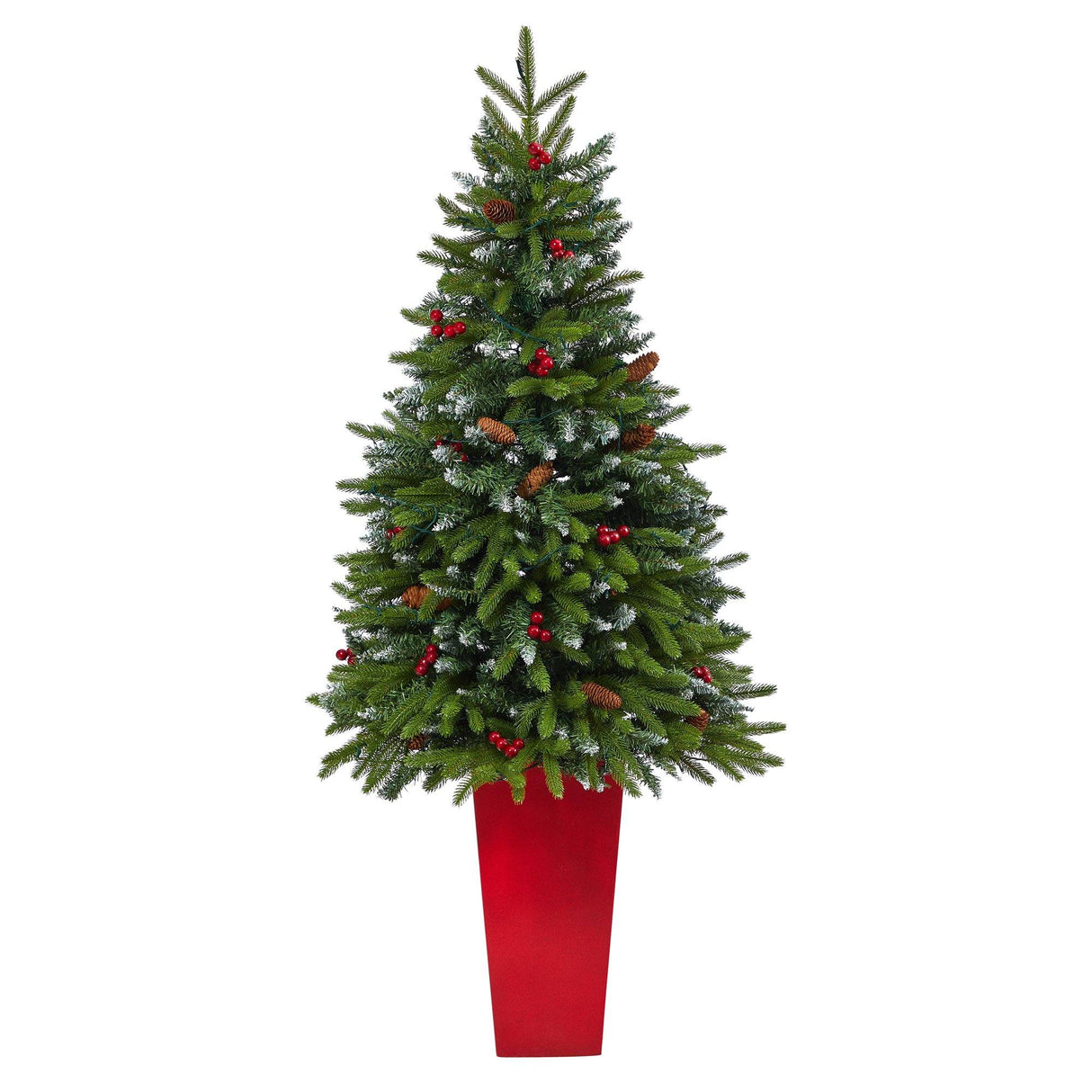 62” Snow Tipped Portland Spruce Artificial Christmas Tree with Frosted Berries and Pinecones with 100 Clear LED Lights in Red Tower Planter-Christmas Tree-Parc Decor
