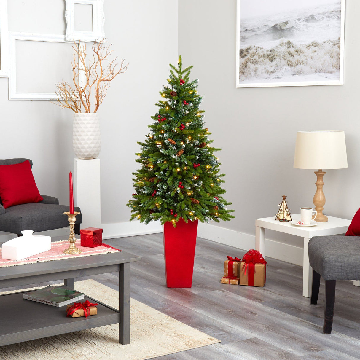 62” Snow Tipped Portland Spruce Artificial Christmas Tree with Frosted Berries and Pinecones with 100 Clear LED Lights in Red Tower Planter-Christmas Tree-Parc Decor