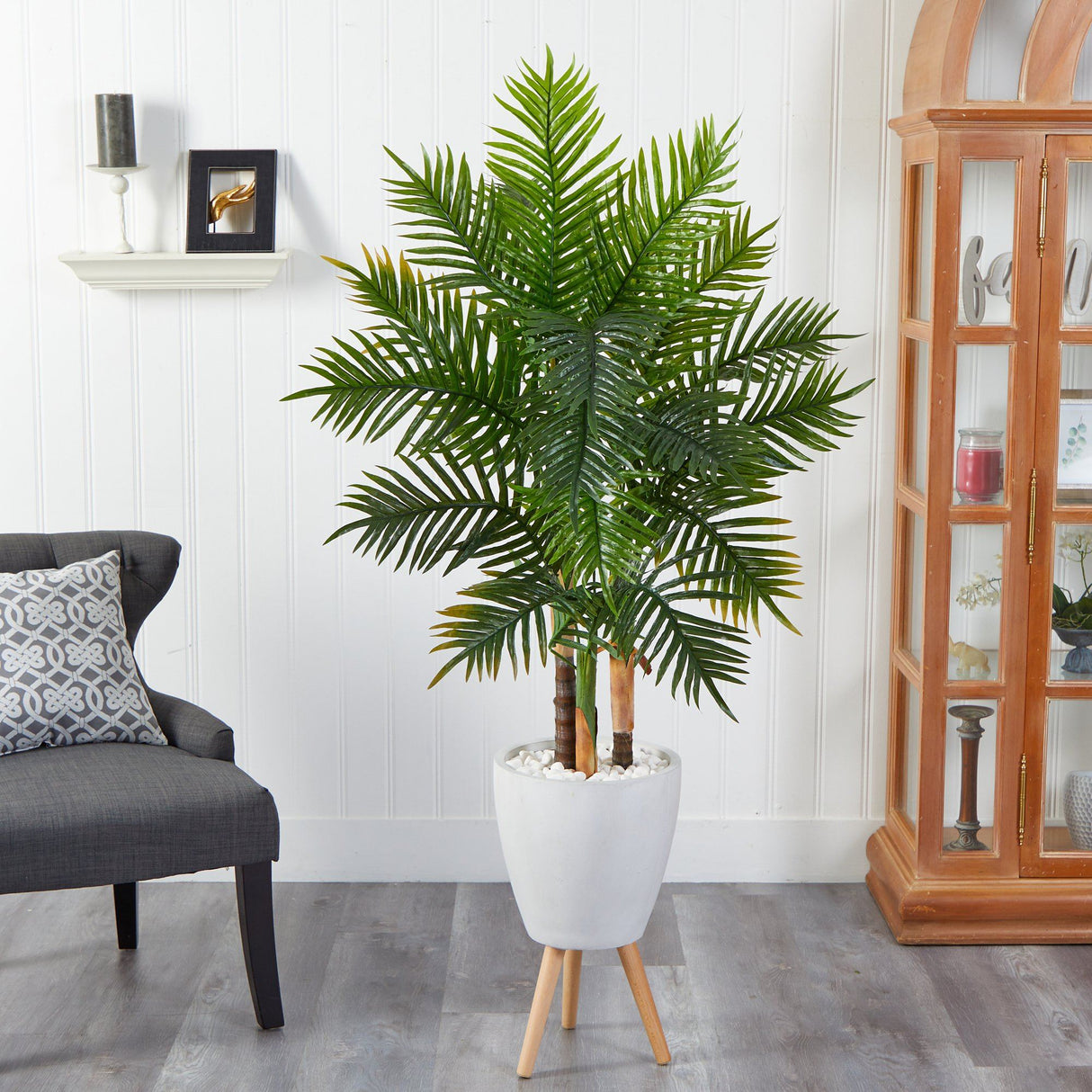63” Areca Artificial Palm Tree in White Planter with Stand (Real Touch)-Parc Decor