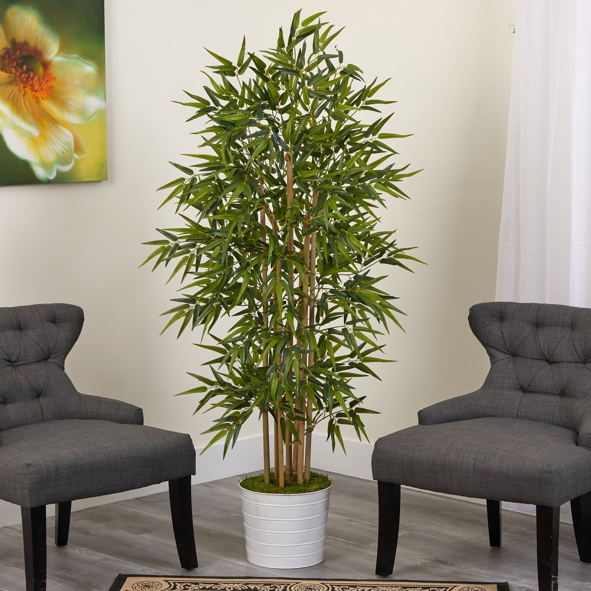 64” Bamboo Artificial Tree in White Tin Planter-Parc Decor