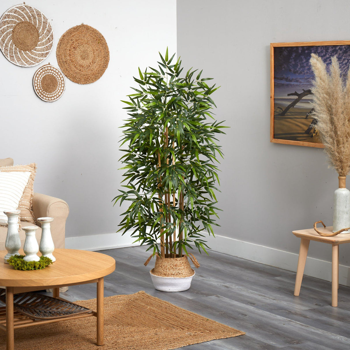 64” Bamboo Tree with Natural Bamboo Trunks in Boho Chic Handmade Cotton & Jute White Woven Planter-Parc Decor