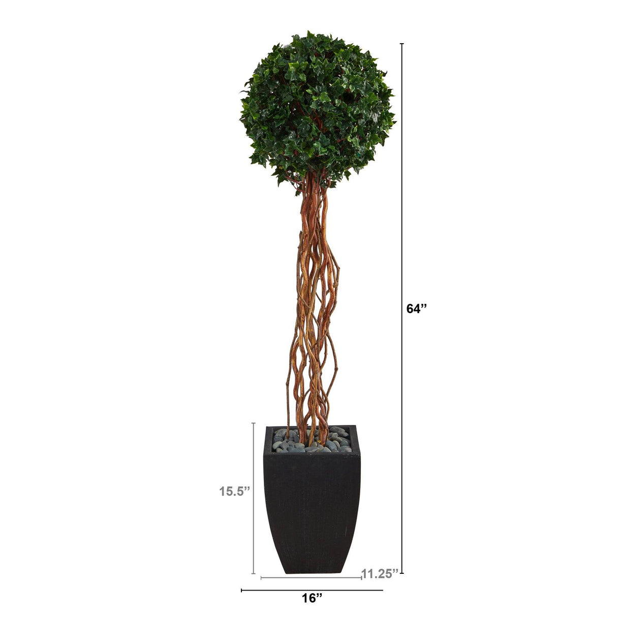 64” English Ivy Single Ball Artificial Topiary Tree in Black Planter (Indoor/Outdoor)-Parc Decor