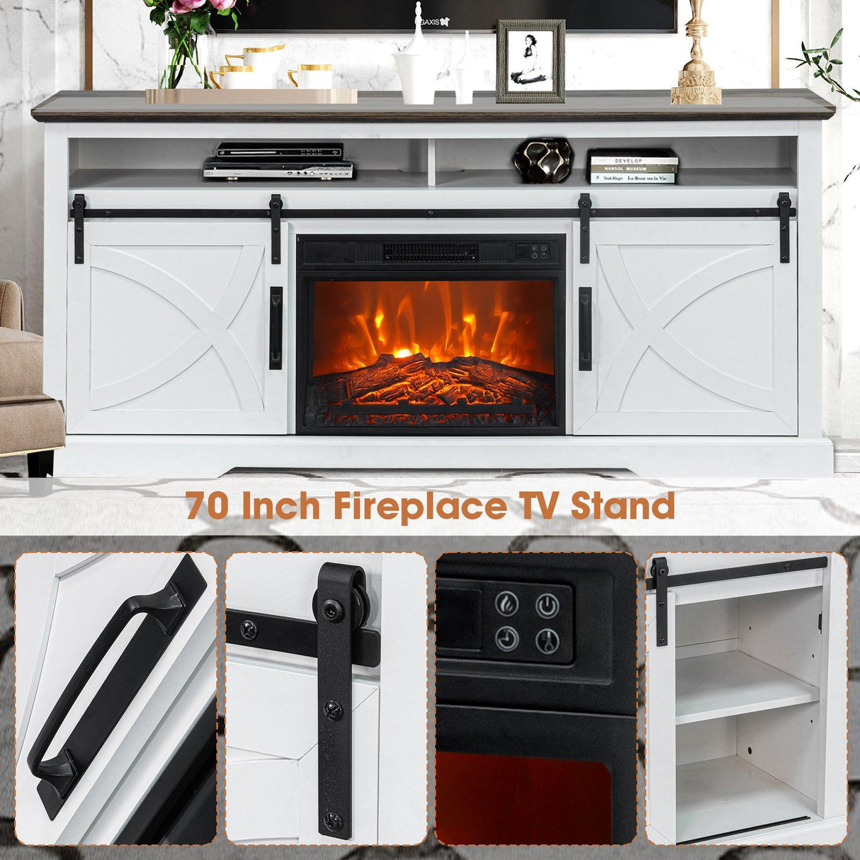 68" Farmhouse TV Stand with 23" Insert Opening Electric Fireplace-Parc Decor