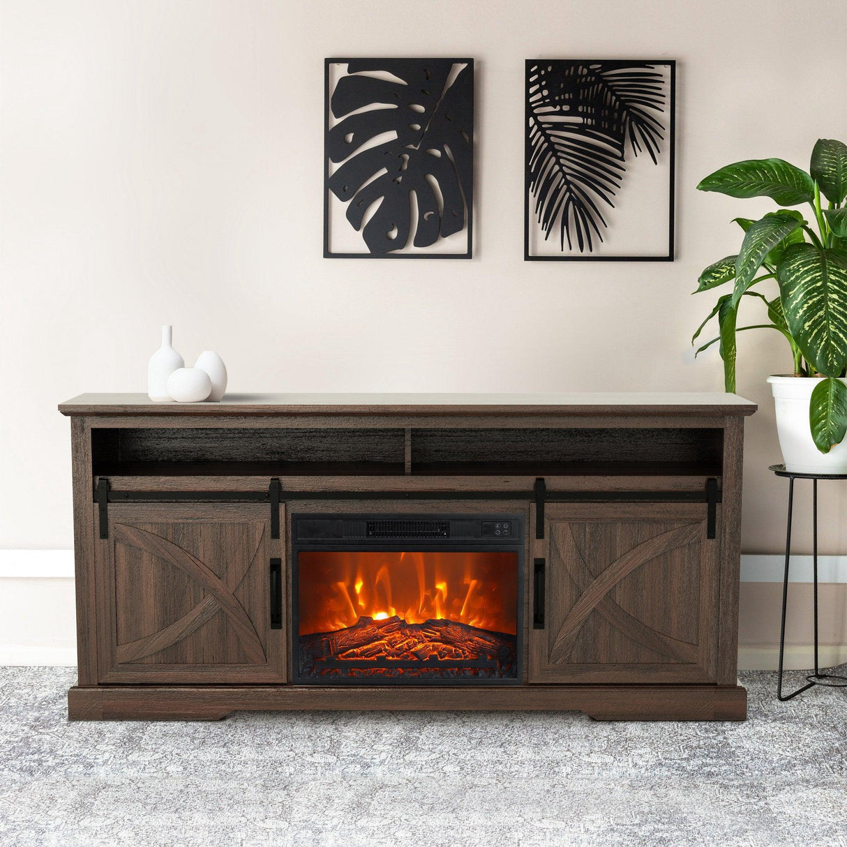 68" Farmhouse TV Stand with 23" Insert Opening Electric Fireplace-Parc Decor