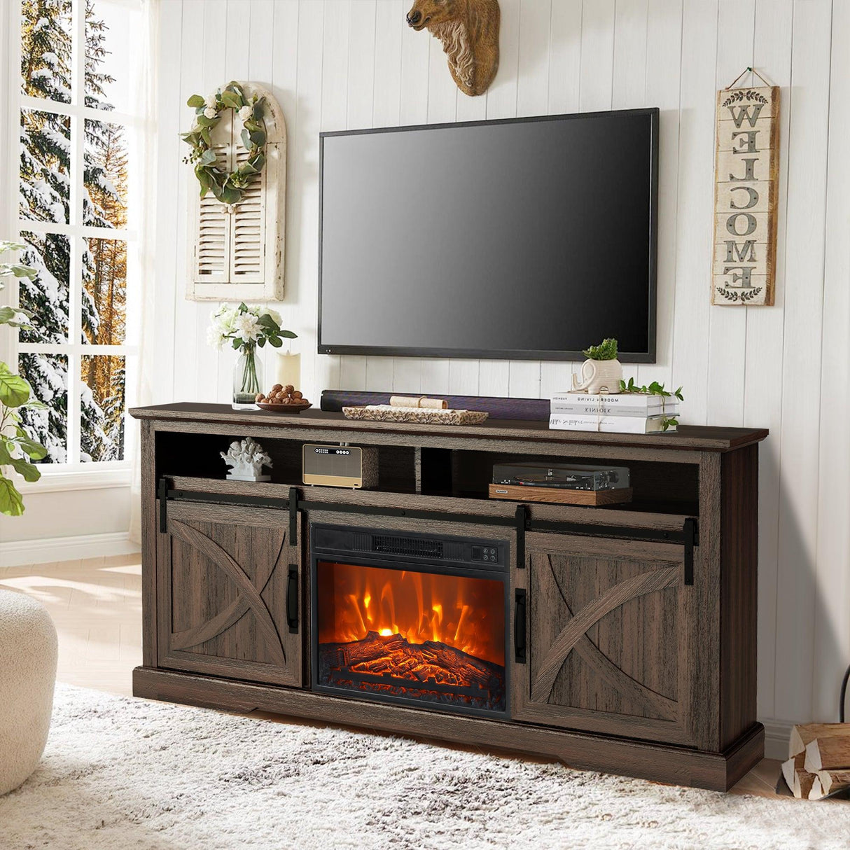 68" Farmhouse TV Stand with 23" Insert Opening Electric Fireplace-Parc Decor
