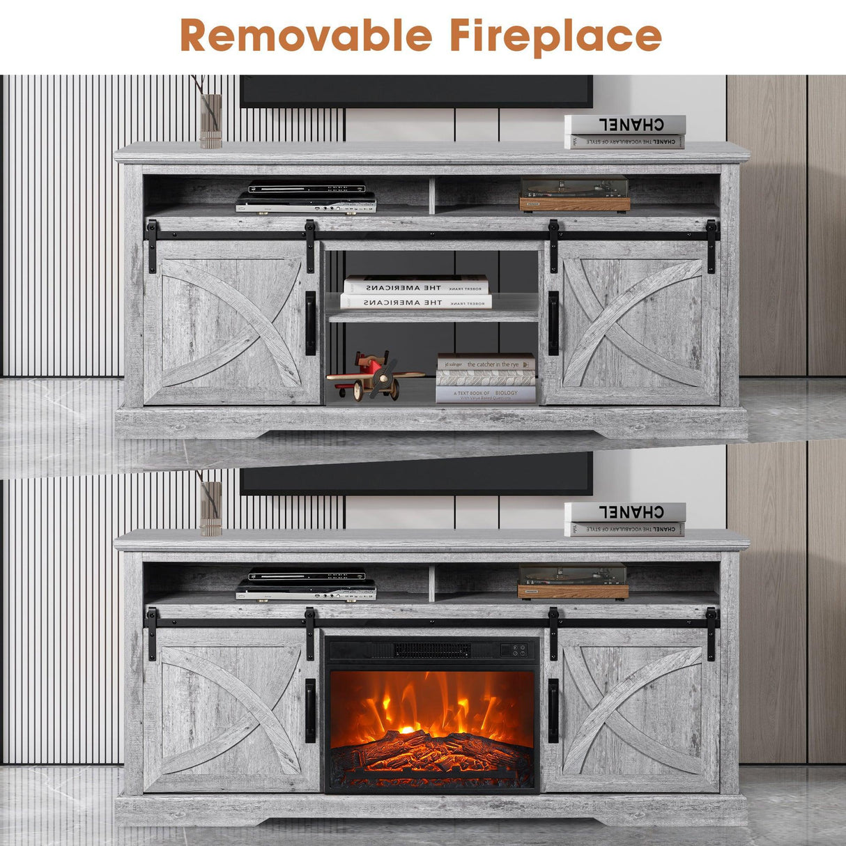 68" Farmhouse TV Stand with 23" Insert Opening Electric Fireplace-Parc Decor