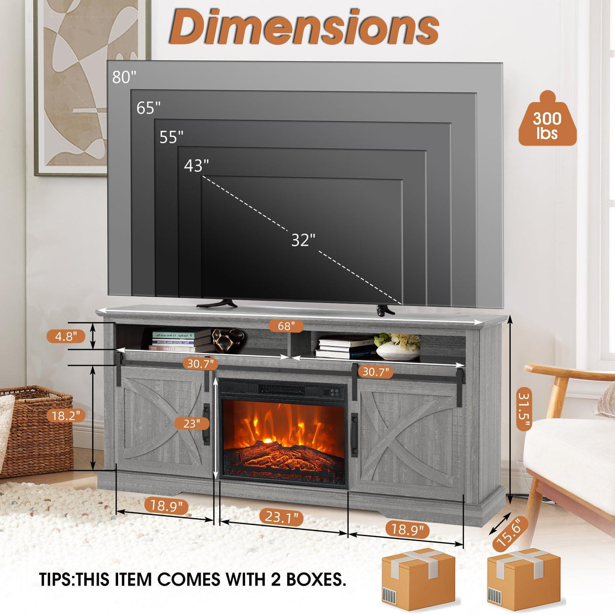 68" Farmhouse TV Stand with 23" Insert Opening Electric Fireplace-Parc Decor