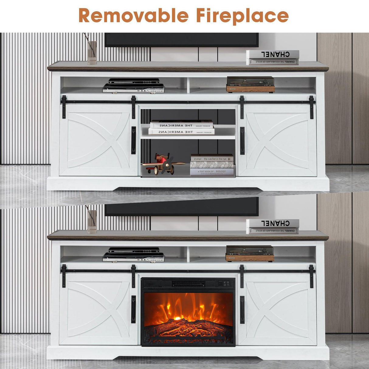 68" Farmhouse TV Stand with 23" Insert Opening Electric Fireplace-Parc Decor