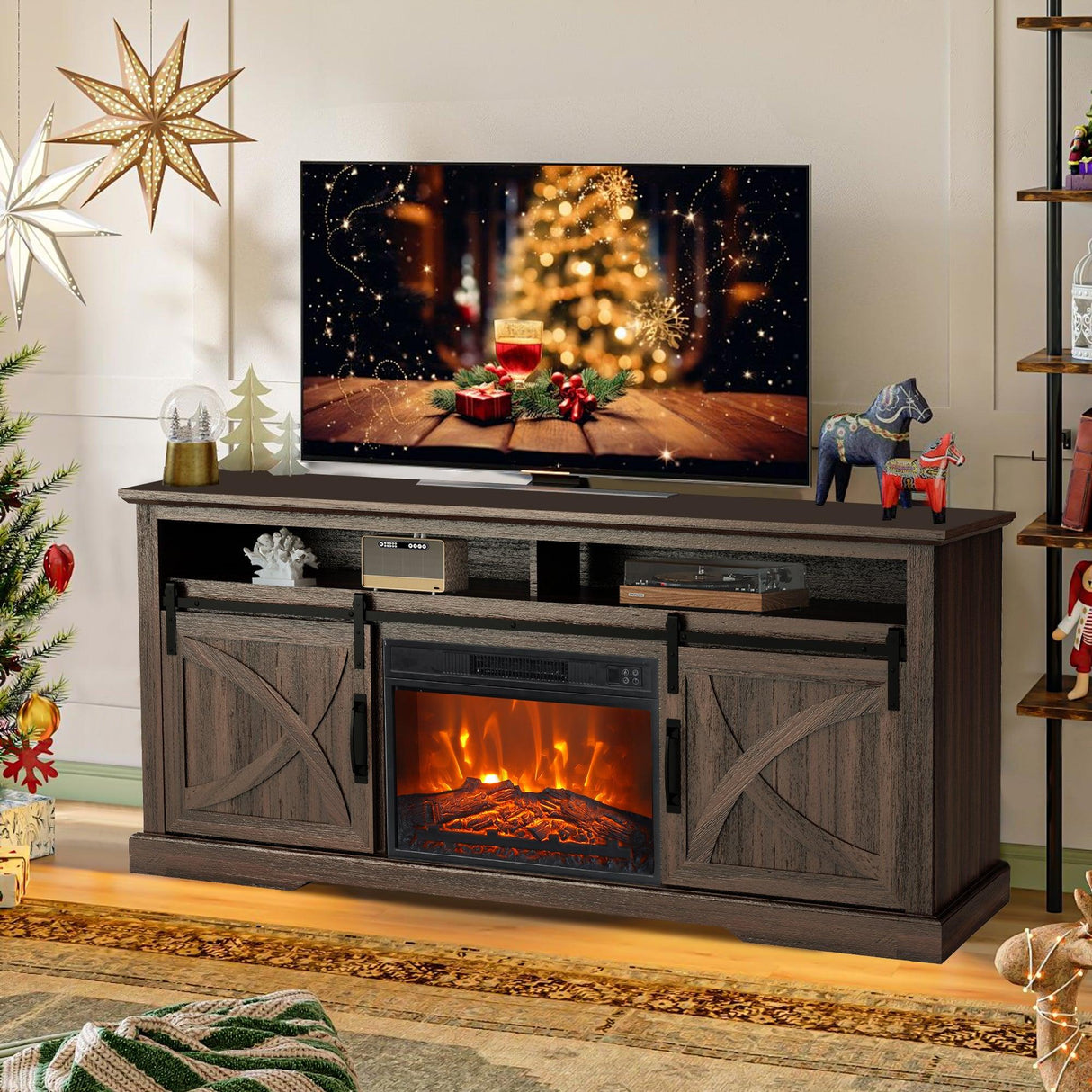 68" Farmhouse TV Stand with 23" Insert Opening Electric Fireplace-Parc Decor