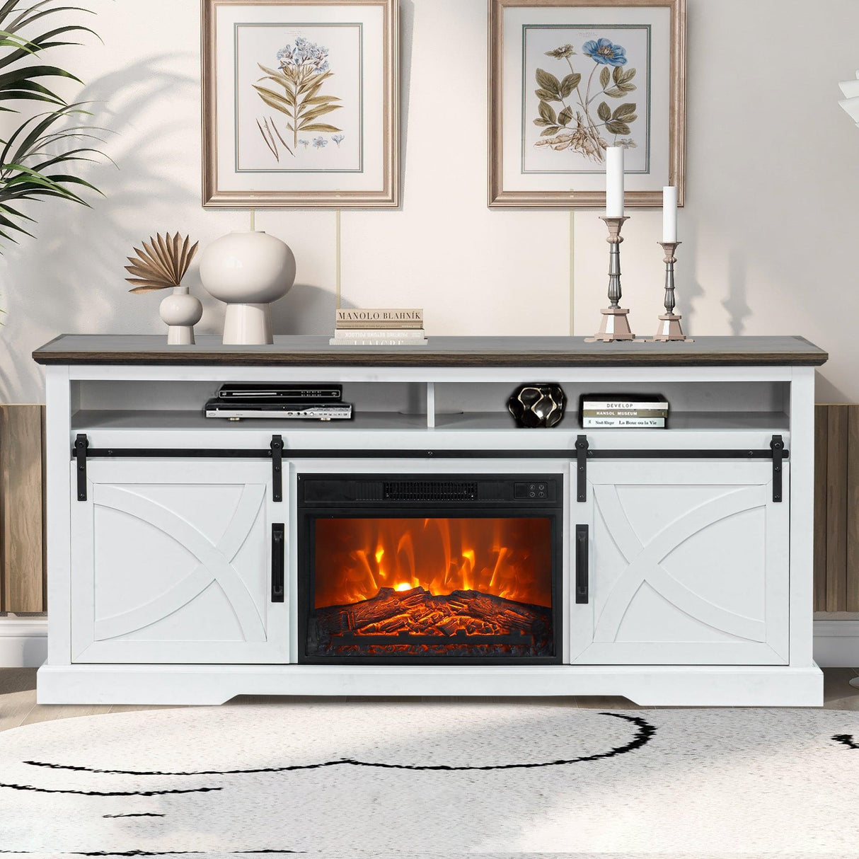 68" Farmhouse TV Stand with 23" Insert Opening Electric Fireplace-Parc Decor
