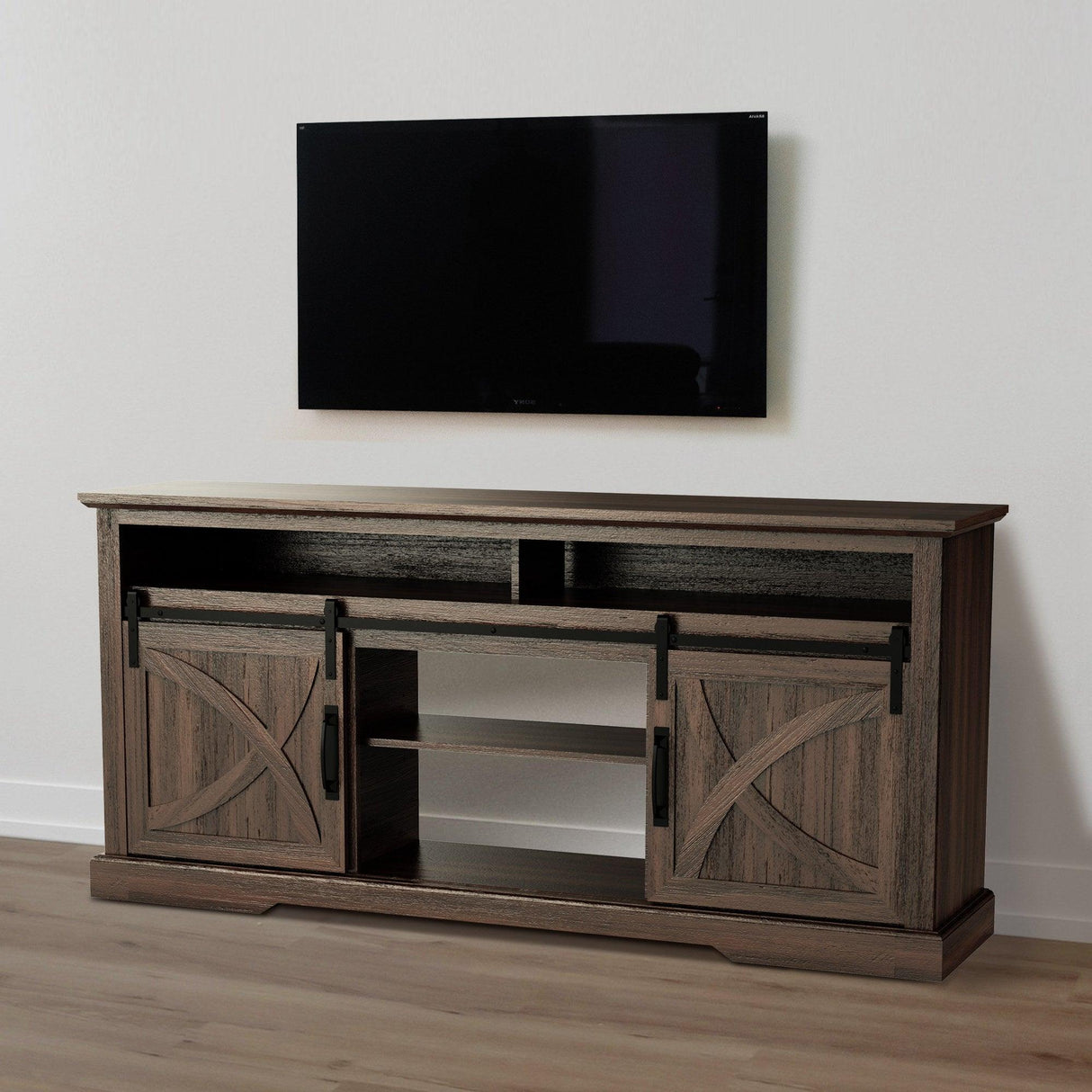 68" Farmhouse TV Stand with Double Sliding Barn Doors for Living Room-Parc Decor
