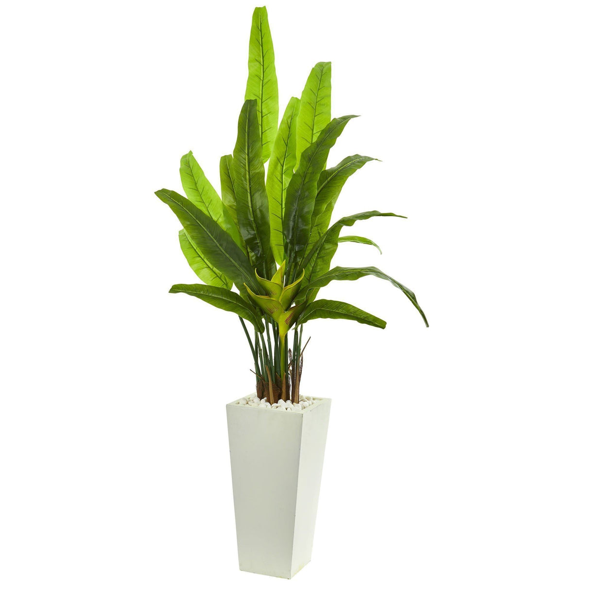 69” Travelers Palm Artificial Tree in White Tower Planter-Parc Decor