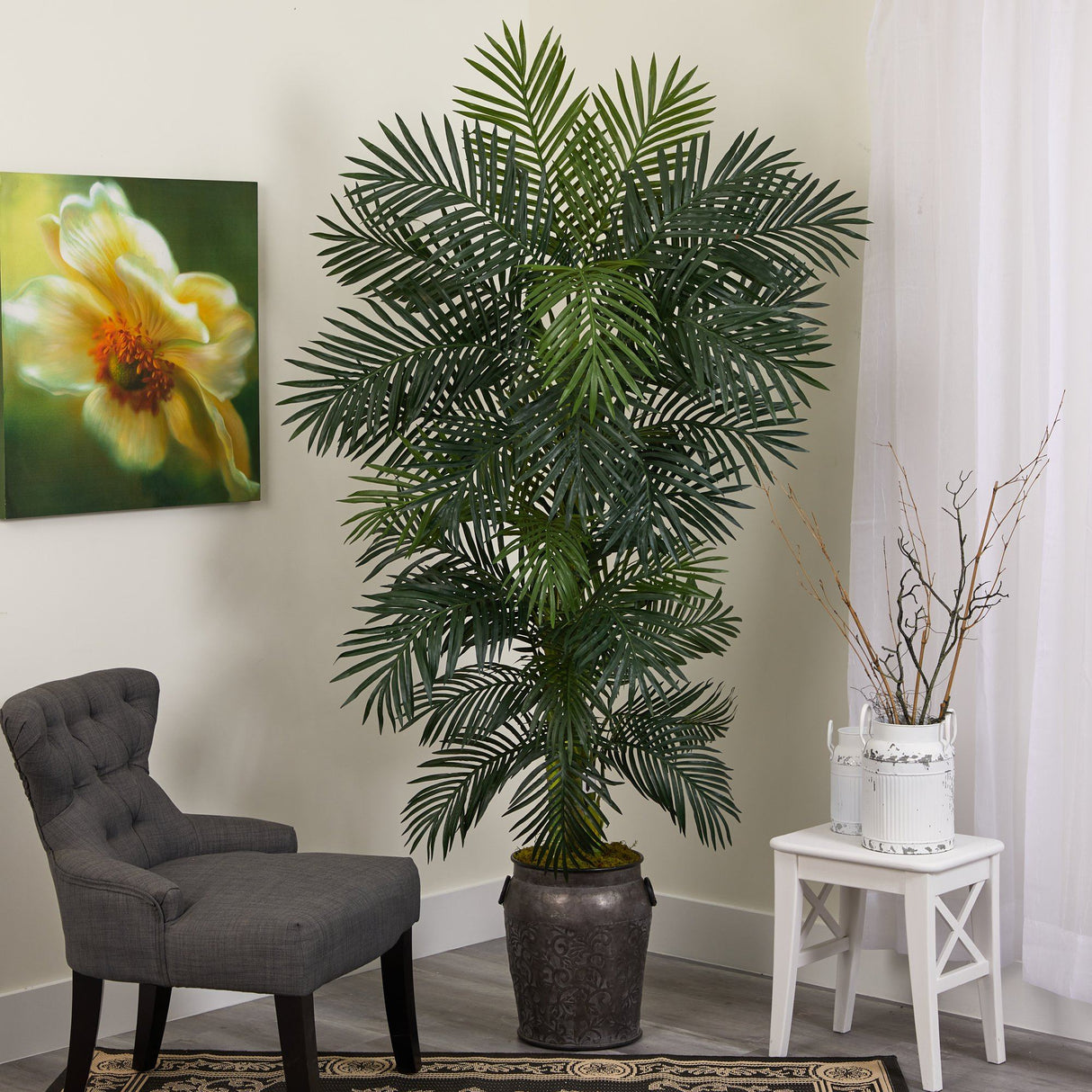 6.5’ Golden Cane Artificial Palm Tree in Metal Planter-Parc Decor