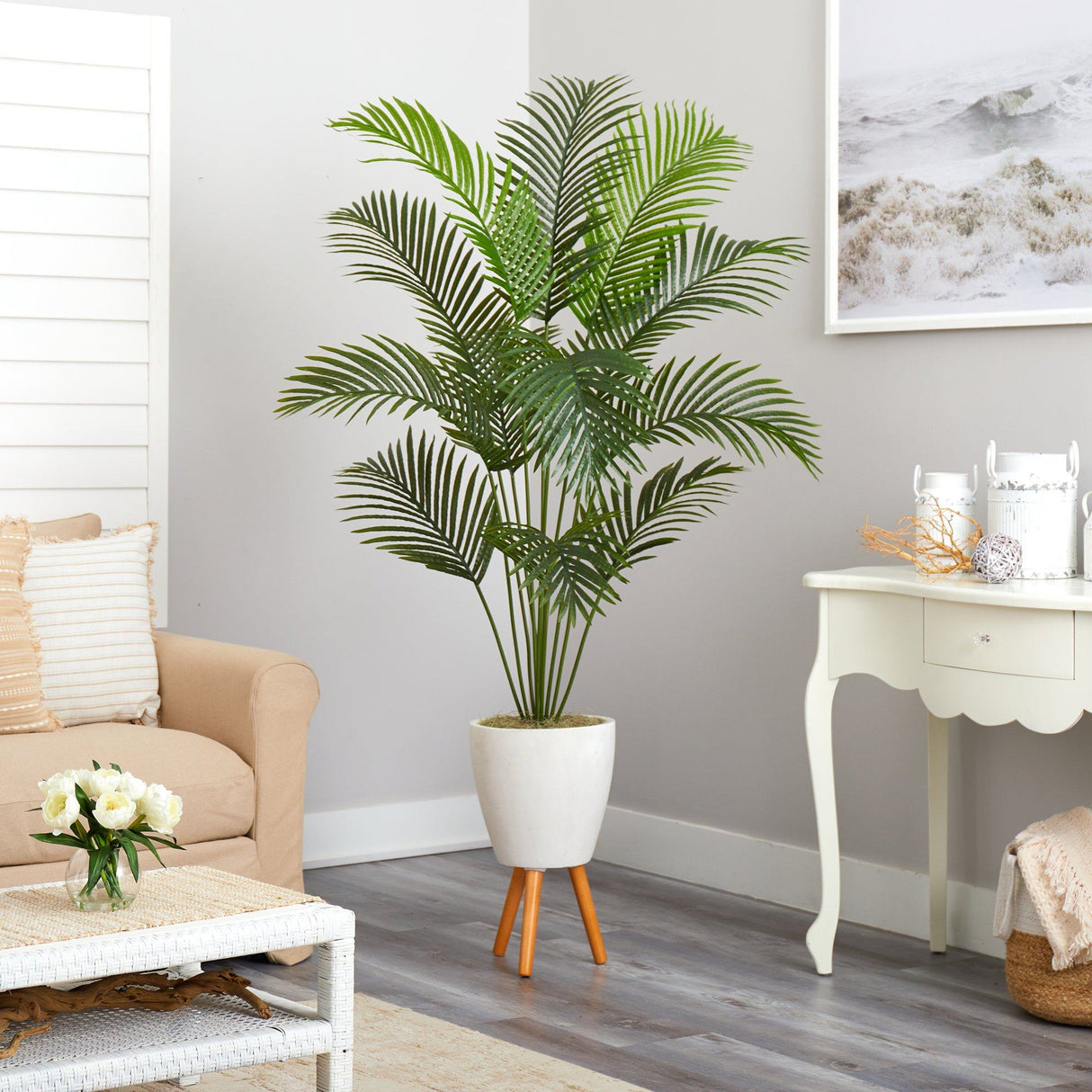 6.5’ Golden Cane Artificial Palm Tree in White Planter with Stand-Parc Decor