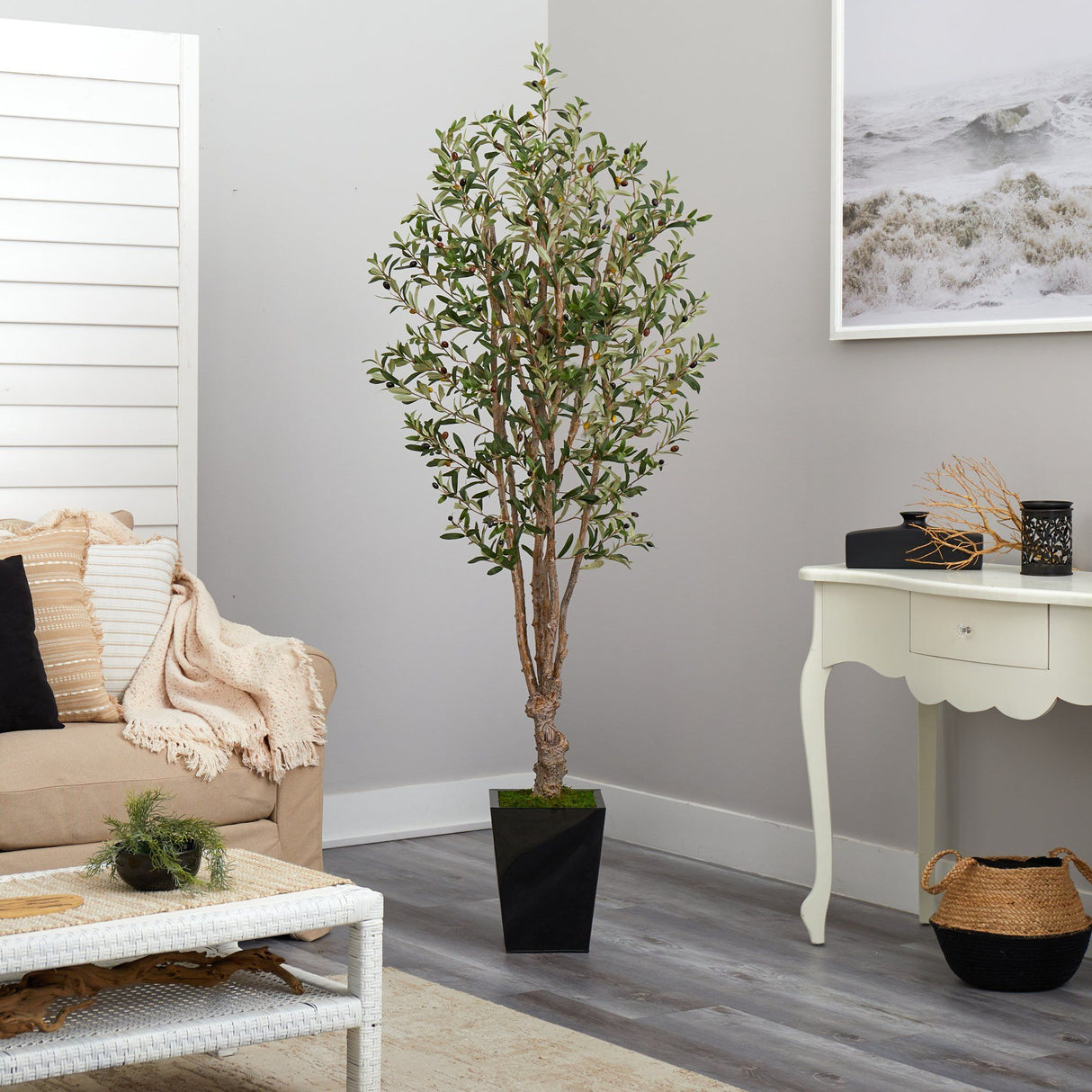 6.5’ Olive Artificial Tree in Black Metal Planter-Parc Decor