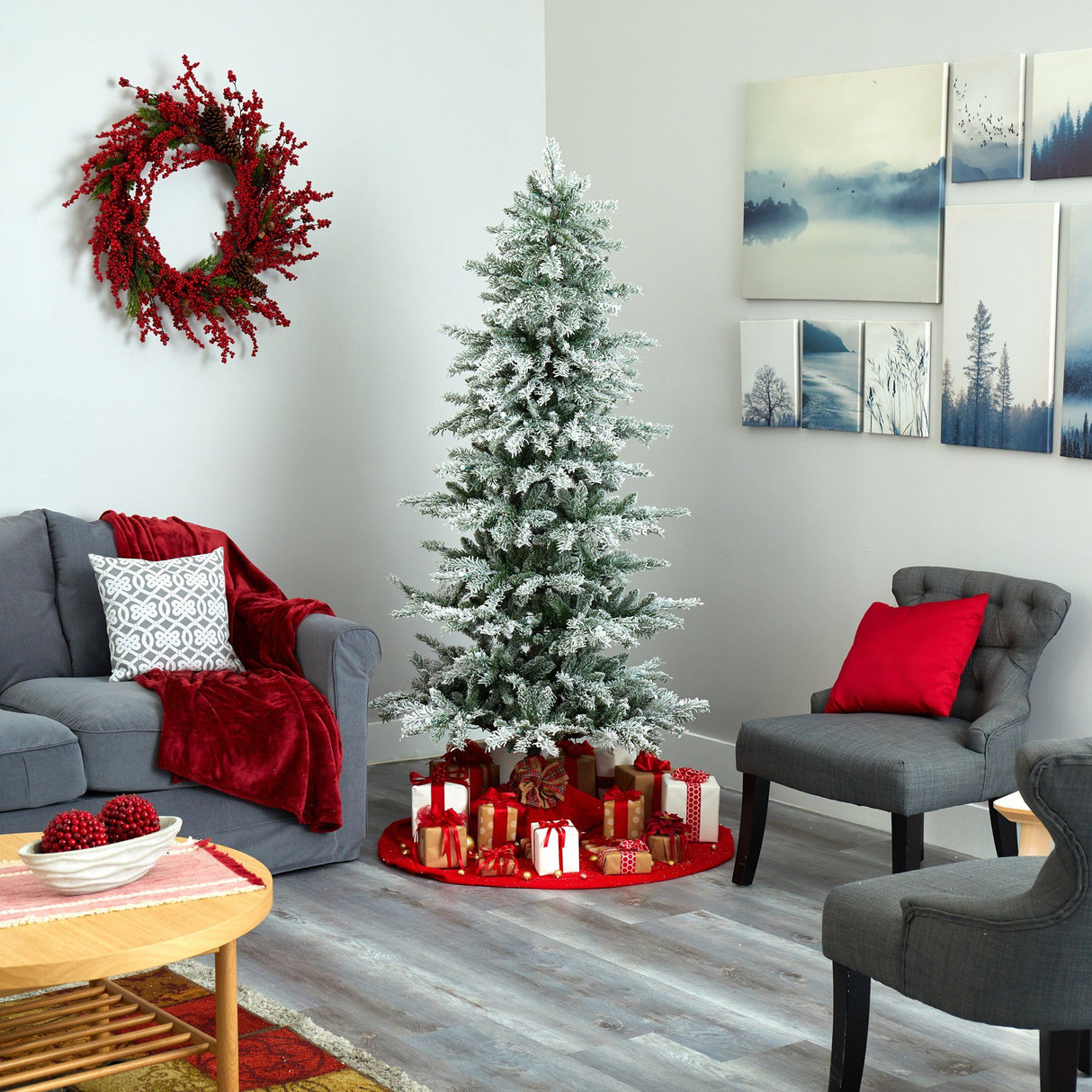 6.5’ Slim Flocked Nova Scotia Spruce Artificial Christmas Tree with 300 Warm White LED Lights and 699 Bendable Branches-Christmas Tree-Parc Decor