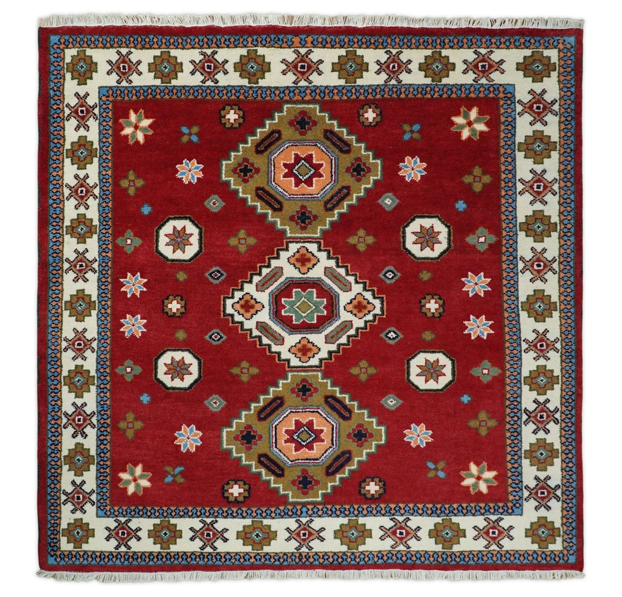 6x6 Square Hand Knotted Antique Kazak Red and Ivory Wool Area Rug