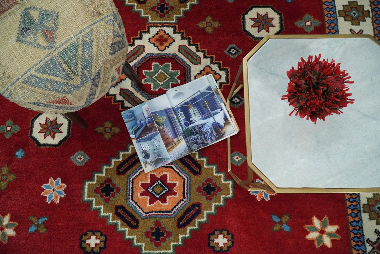 6x6 Square Hand Knotted Antique Kazak Red and Ivory Wool Area Rug