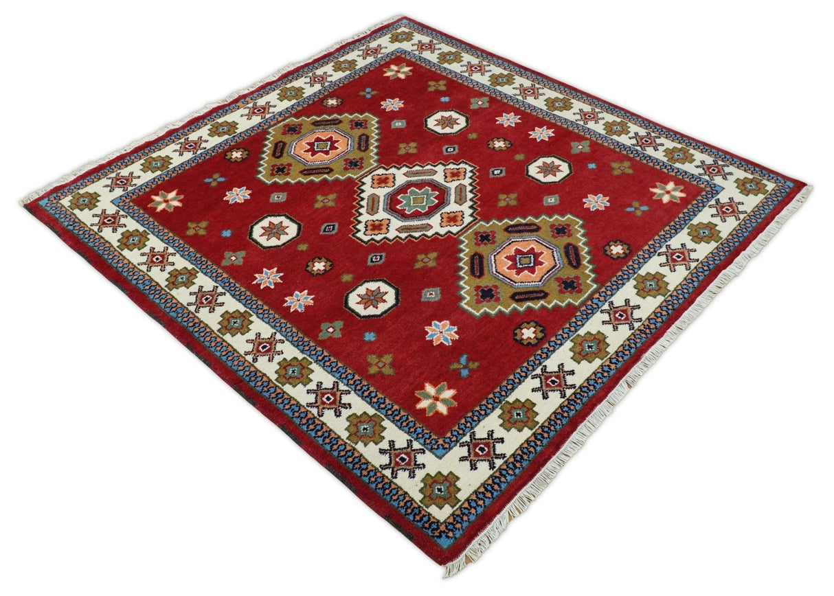 6x6 Square Hand Knotted Antique Kazak Red and Ivory Wool Area Rug