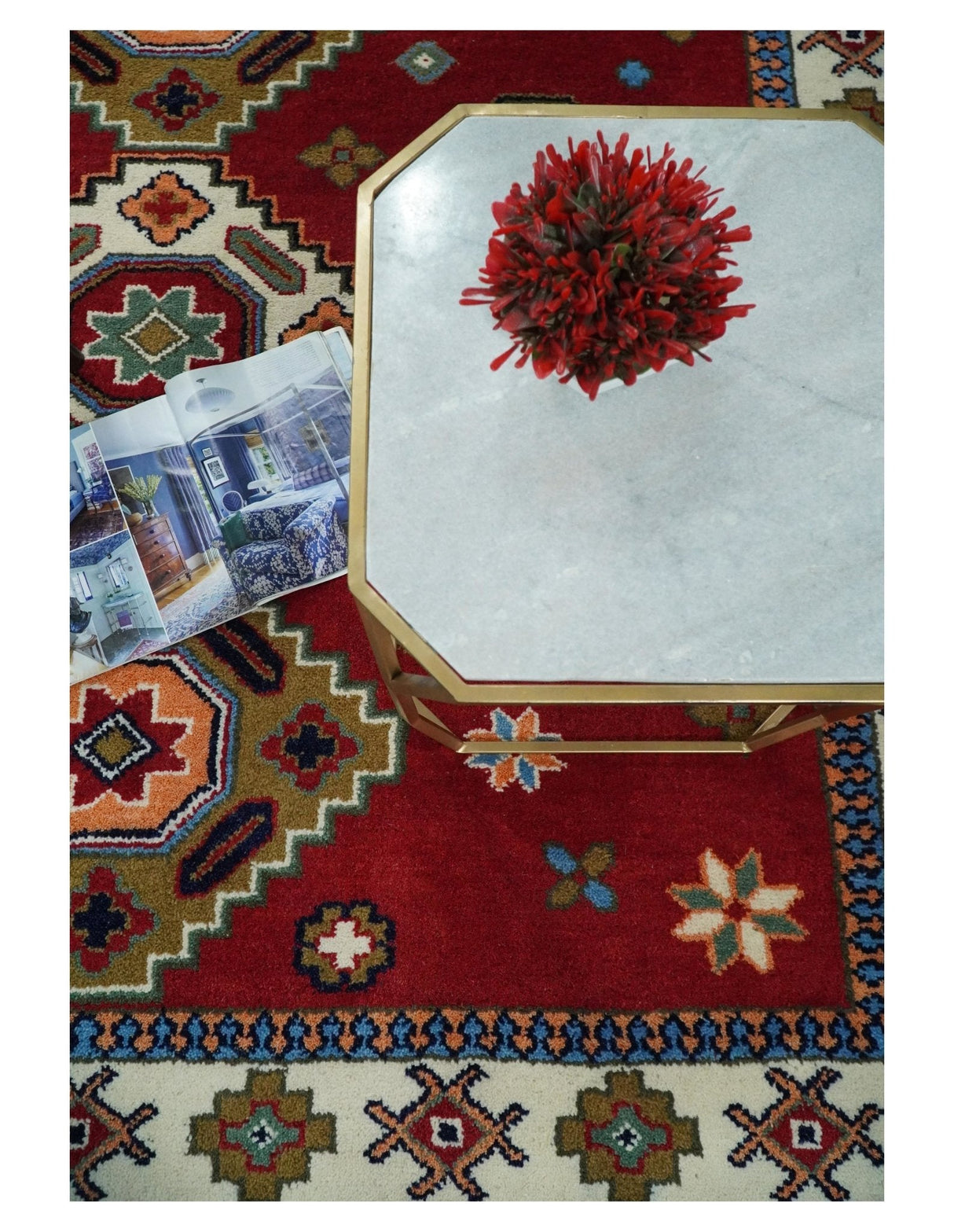 6x6 Square Hand Knotted Antique Kazak Red and Ivory Wool Area Rug