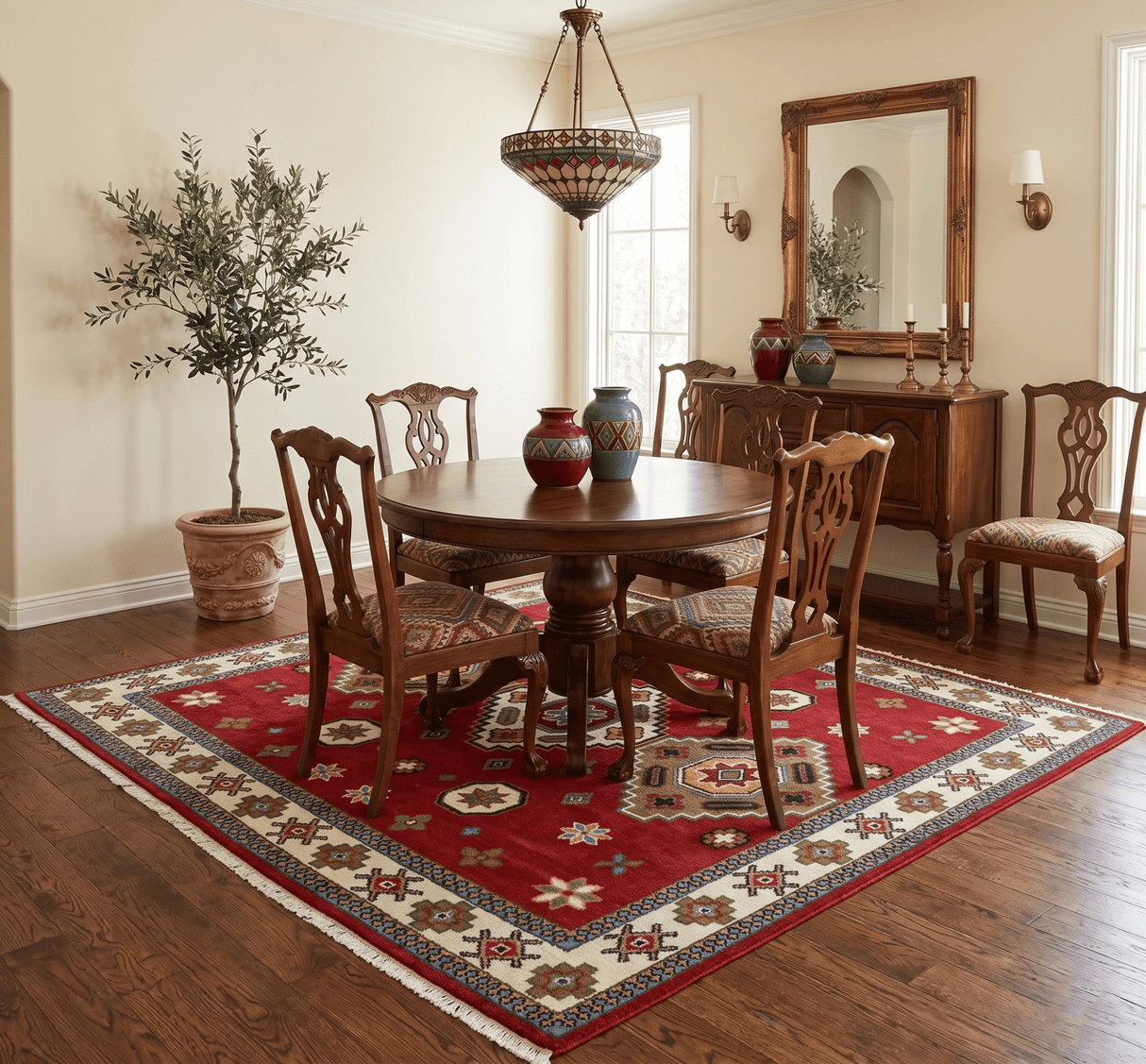 6x6 Square Hand Knotted Antique Kazak Red and Ivory Wool Area Rug