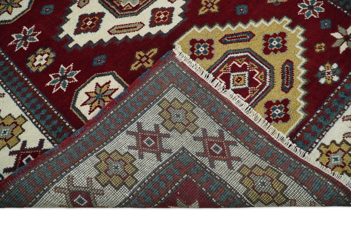 6x8 Hand Knotted Traditional Antique Kazak Maroon and Ivory Wool Area Rug
