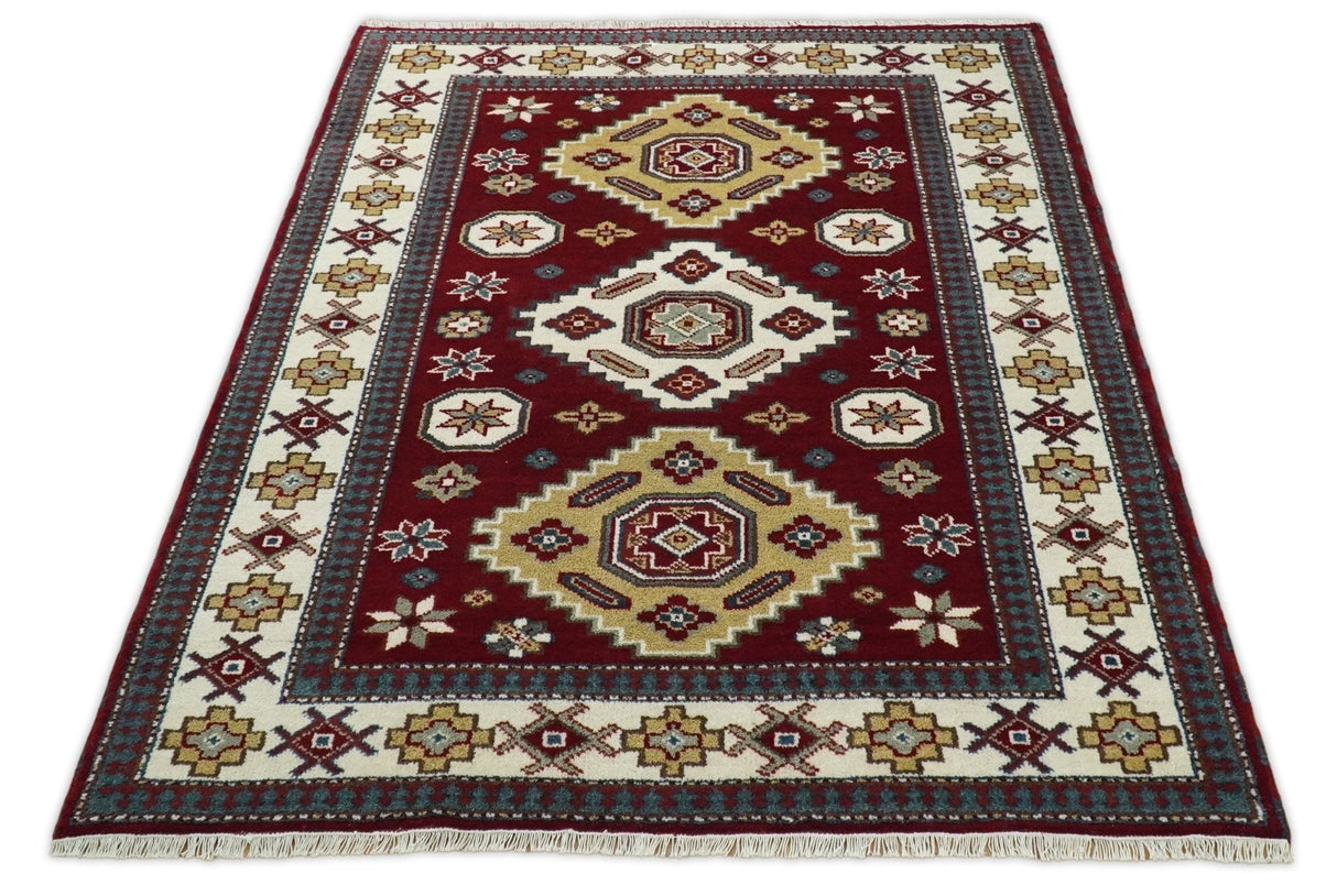 6x8 Hand Knotted Traditional Antique Kazak Maroon and Ivory Wool Area Rug