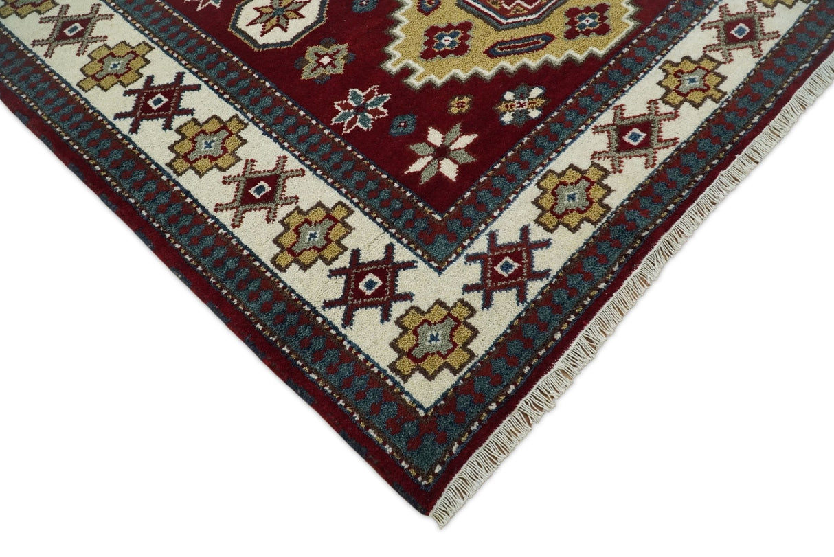 6x8 Hand Knotted Traditional Antique Kazak Maroon and Ivory Wool Area Rug