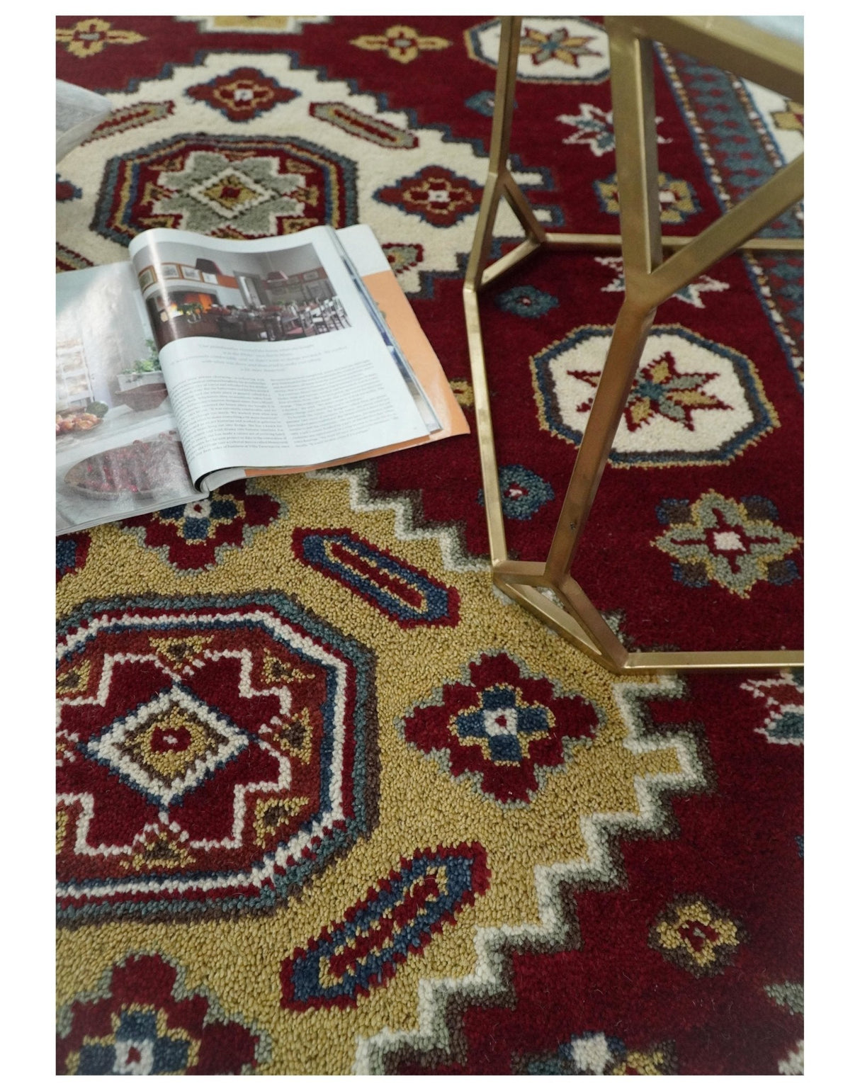 6x8 Hand Knotted Traditional Antique Kazak Maroon and Ivory Wool Area Rug