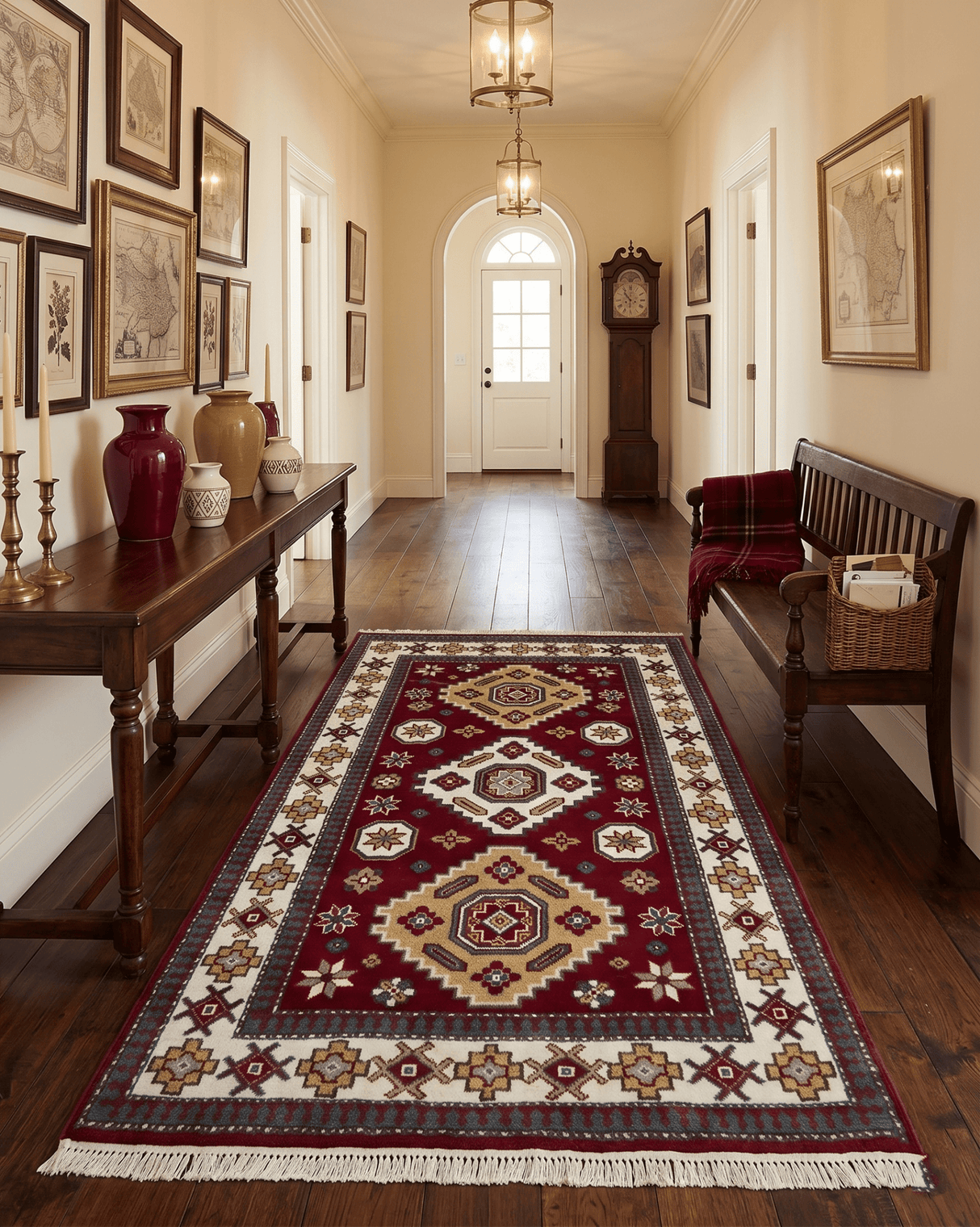 6x8 Hand Knotted Traditional Antique Kazak Maroon and Ivory Wool Area Rug