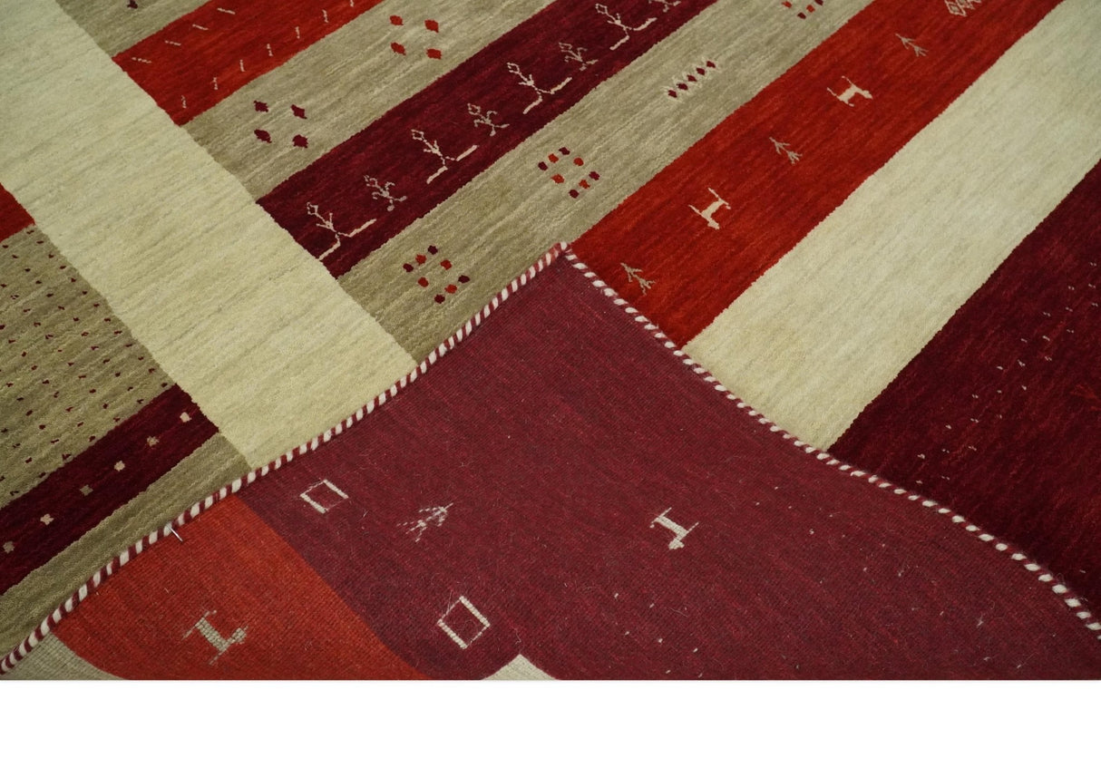 6x8 Maroon and Beige Striped Wool Hand Woven Southwestern Lori Gabbeh Rug