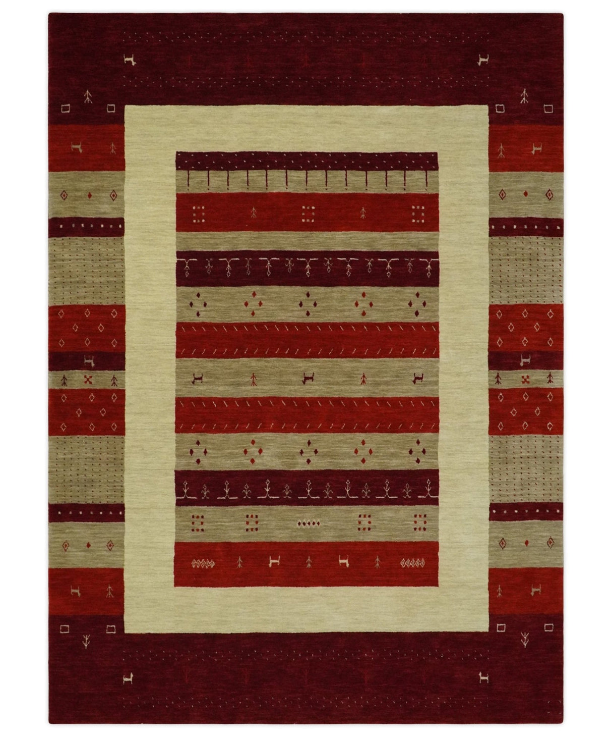 6x8 Maroon and Beige Striped Wool Hand Woven Southwestern Lori Gabbeh Rug