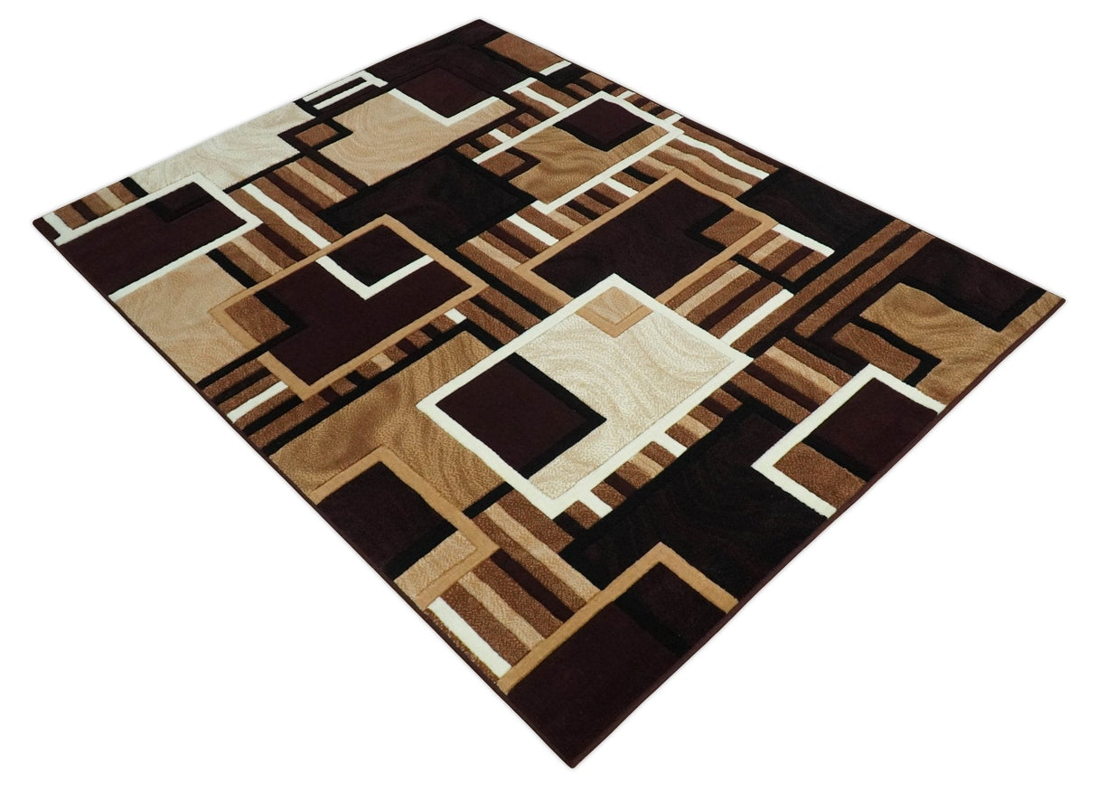 6x8 Power Loomed Brown, Gold, Ivory and Black Geometrical Shapes Frames Area Rug | NMM2-Area Rug-Parc Decor