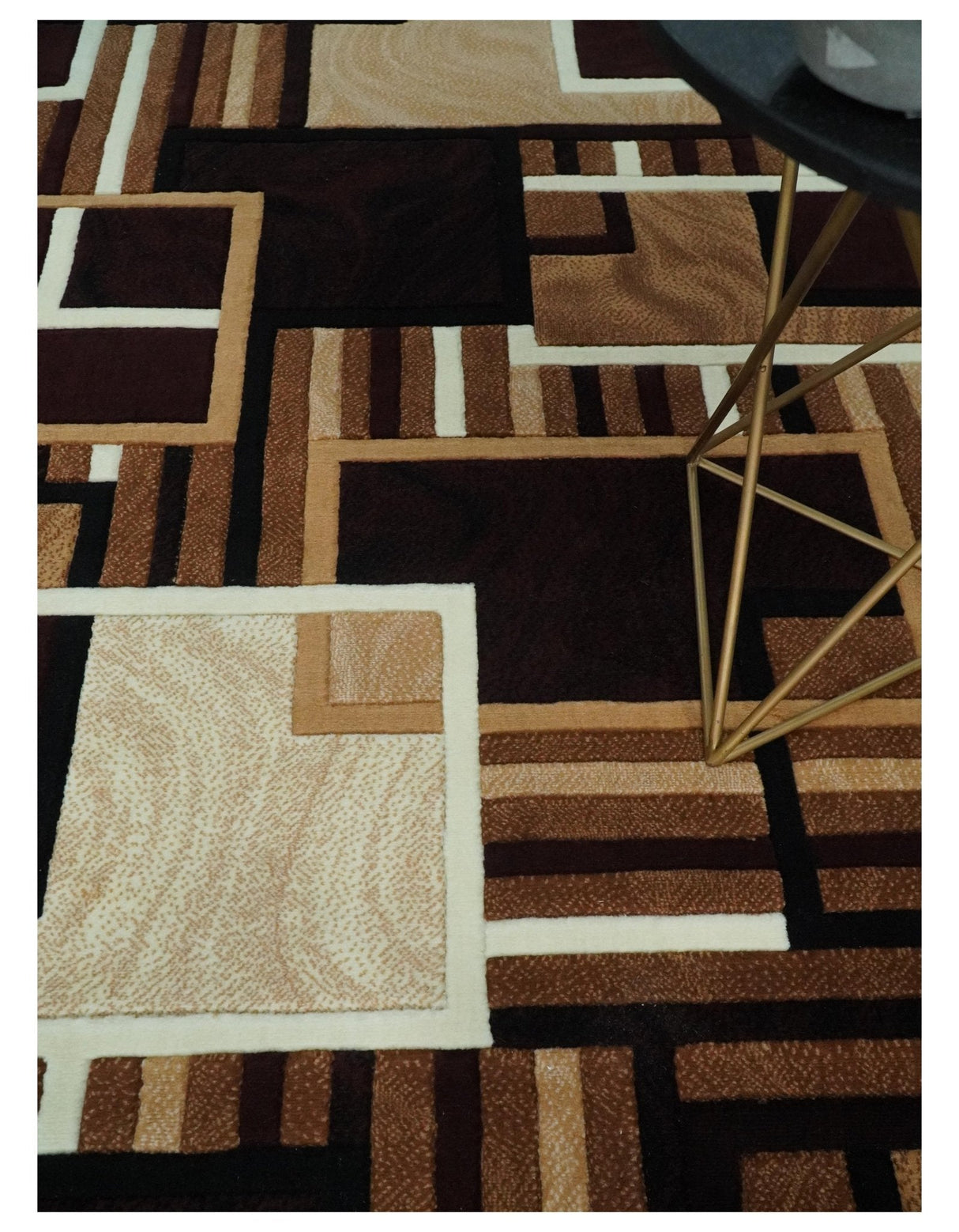 6x8 Power Loomed Brown, Gold, Ivory and Black Geometrical Shapes Frames Area Rug | NMM2-Area Rug-Parc Decor