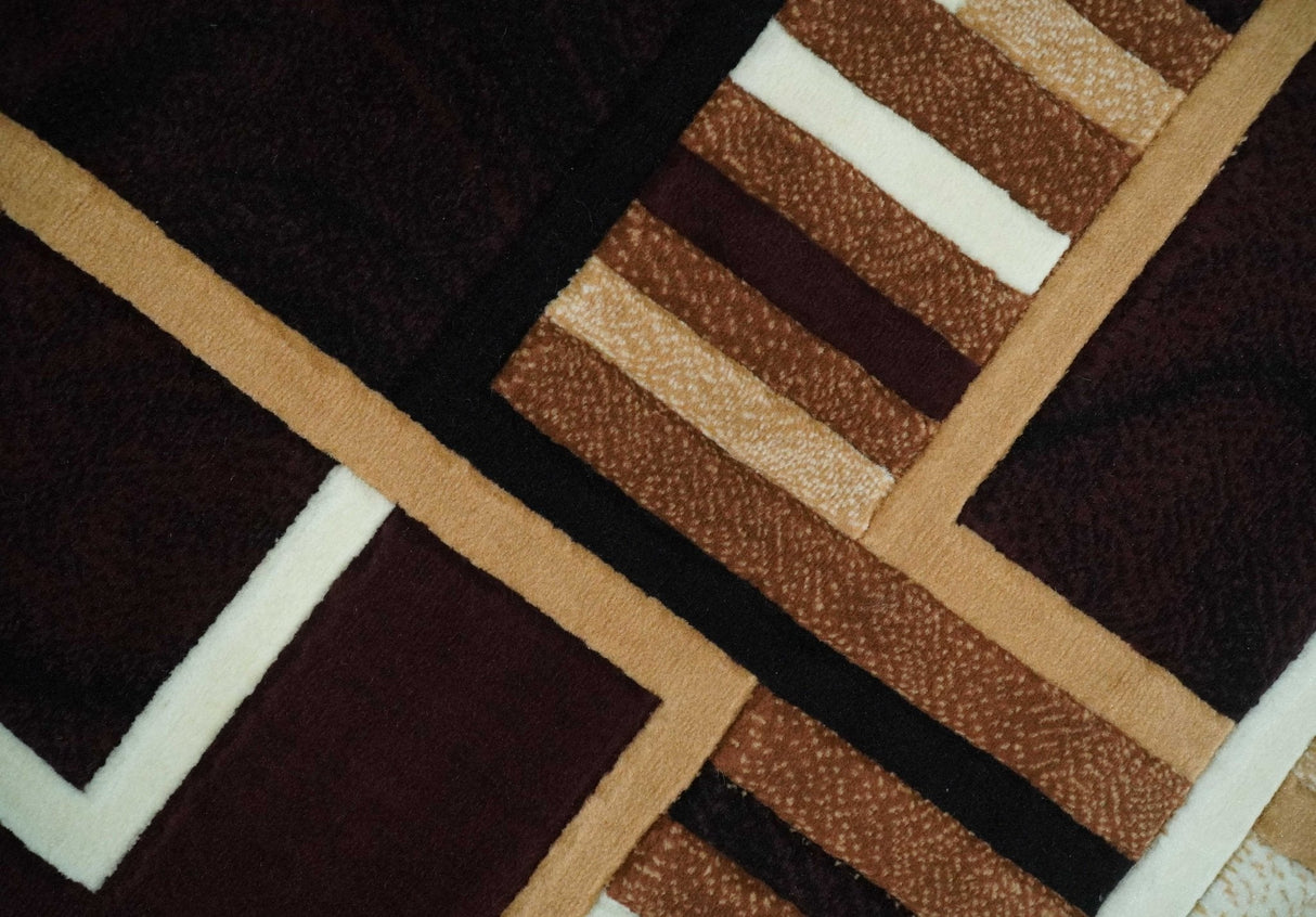 6x8 Power Loomed Brown, Gold, Ivory and Black Geometrical Shapes Frames Area Rug | NMM2-Area Rug-Parc Decor