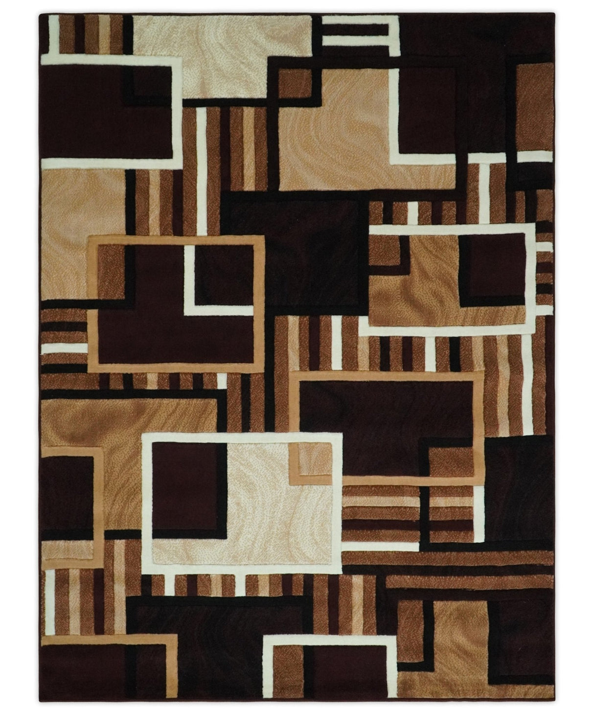 6x8 Power Loomed Brown, Gold, Ivory and Black Geometrical Shapes Frames Area Rug | NMM2-Area Rug-Parc Decor
