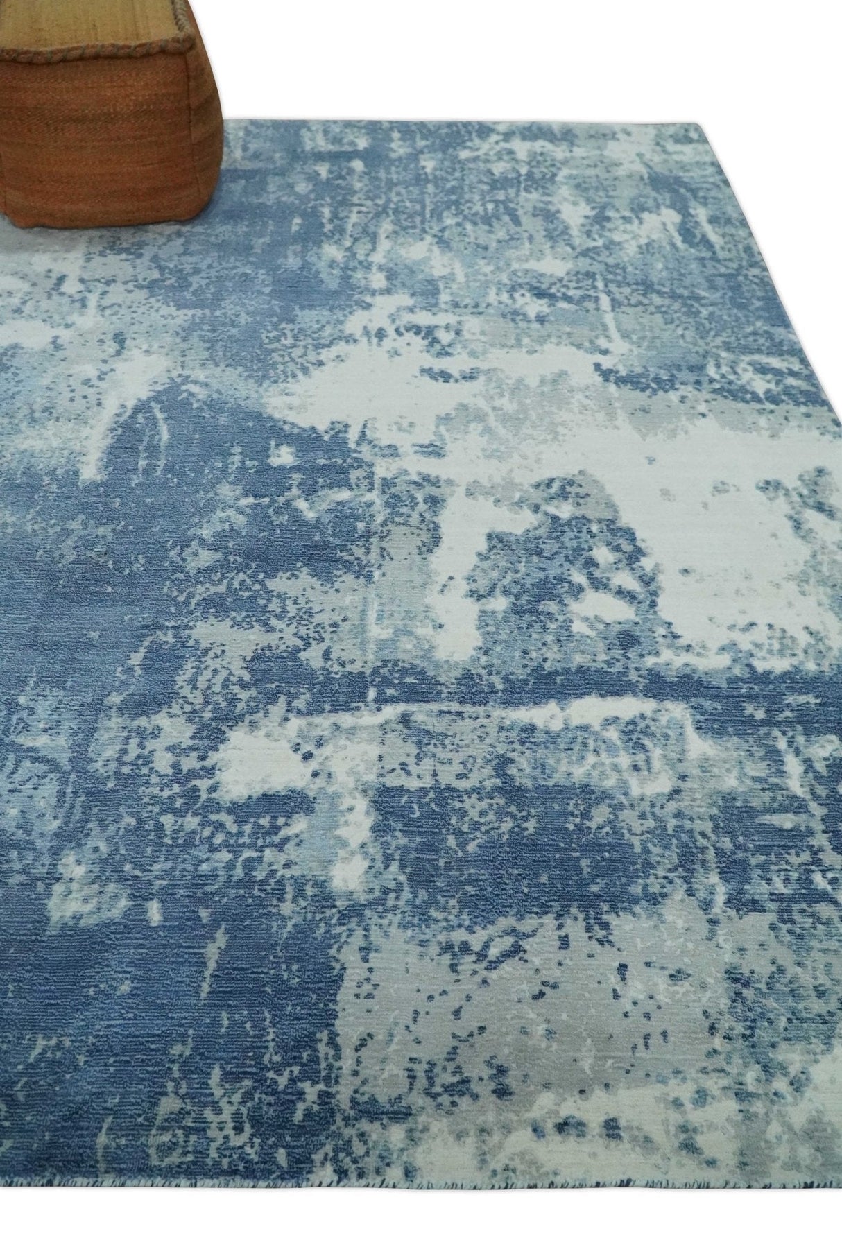 6x9 Blue, Ivory and Gray Modern Abstract Hand Loomed Blended wool and Art silk Area Rug-Area Rug-Parc Decor