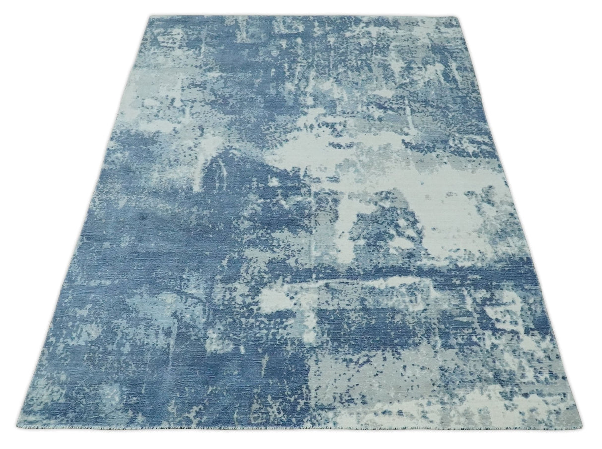 6x9 Blue, Ivory and Gray Modern Abstract Hand Loomed Blended wool and Art silk Area Rug-Area Rug-Parc Decor